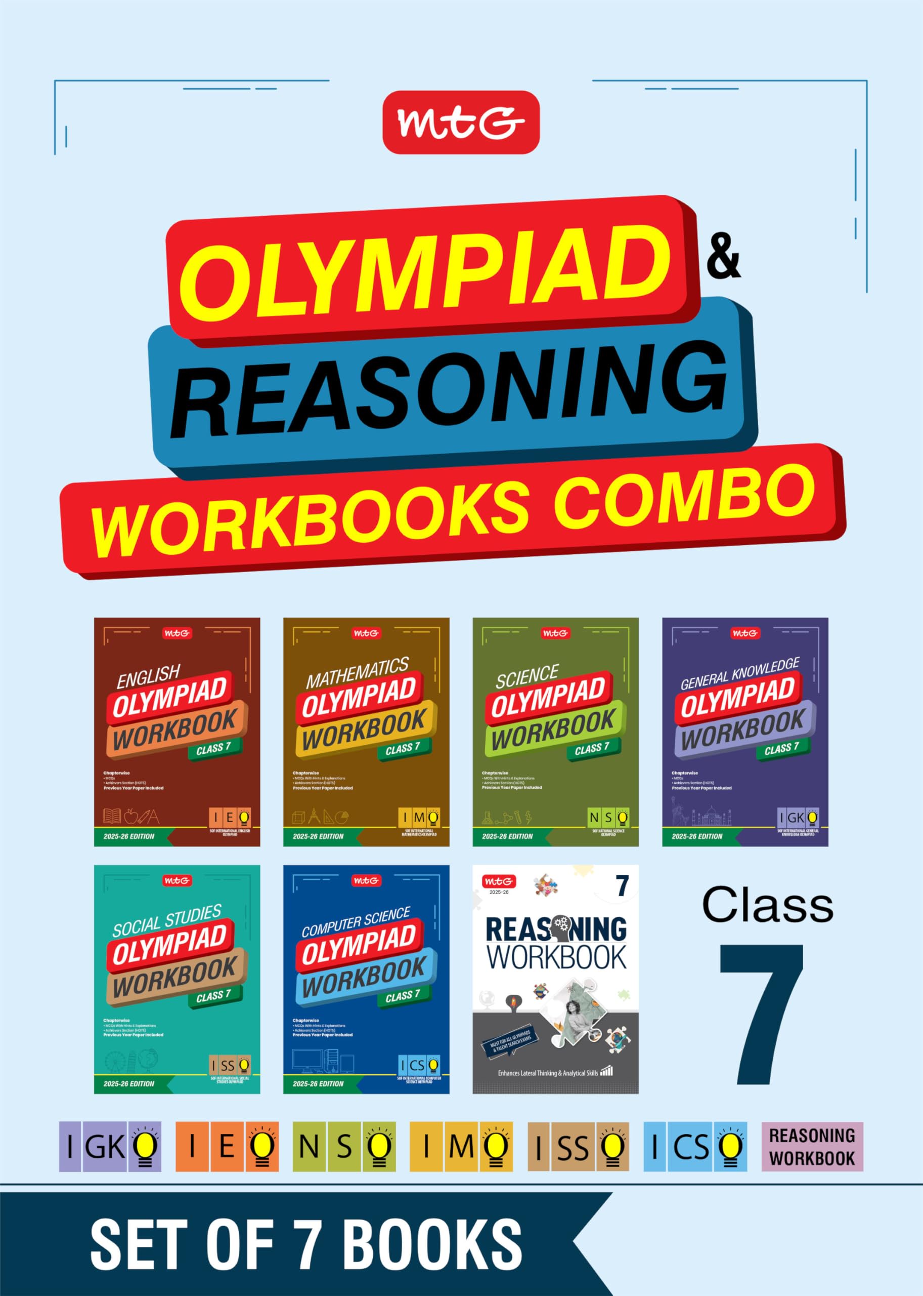 MTG Class7 NSOIMOIEOICSOIGKOISSO Olympiad and Reasoning Workbook Combo (Set of 7 Books) | MCQs, Previous Years Paper & Ach