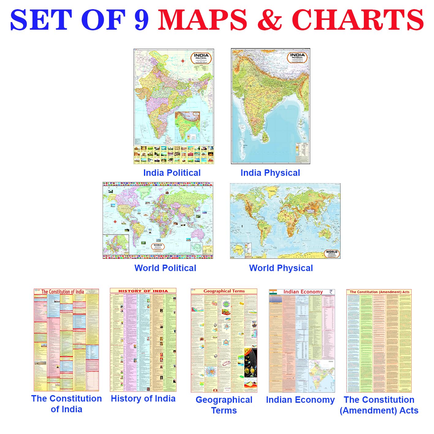 India & World Maps (Political & Physical), Constitution, Amendments, History, Economy & Geography Charts | Set of 9 Folded ( NON