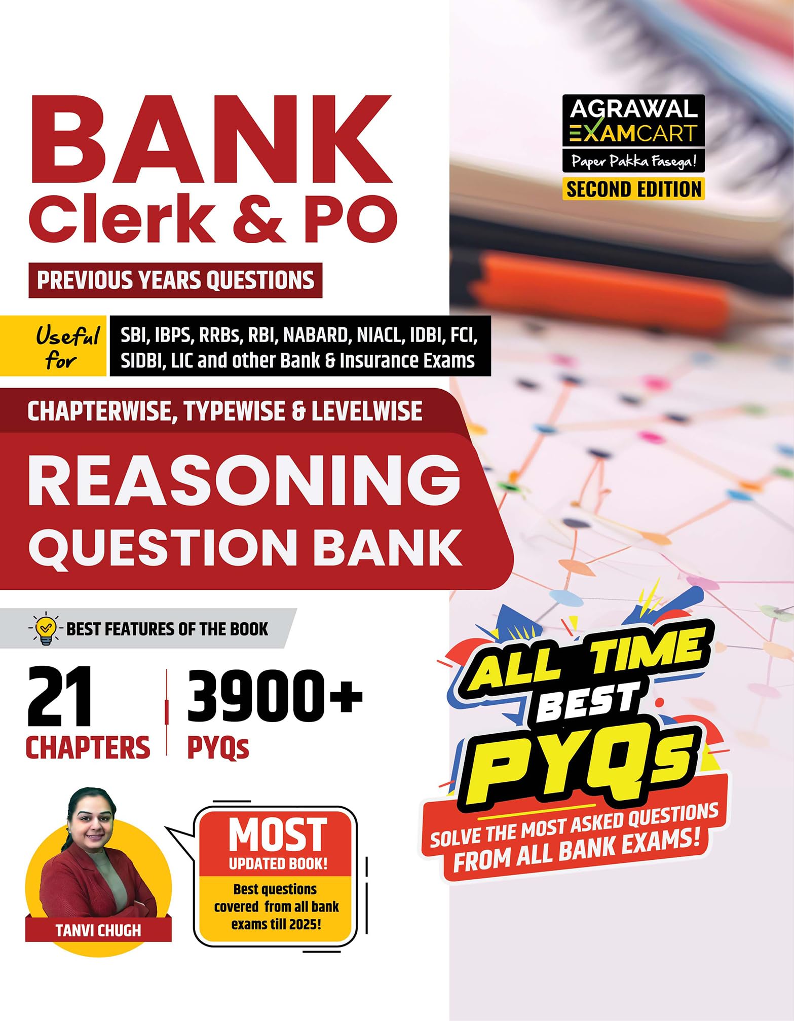 Examcart Bank Clerk & PO Reasoning Question Bank Book By Tanvi Chugh Maam | 21 Chapters with 3900+ PYQs | Chapter, Type & Level