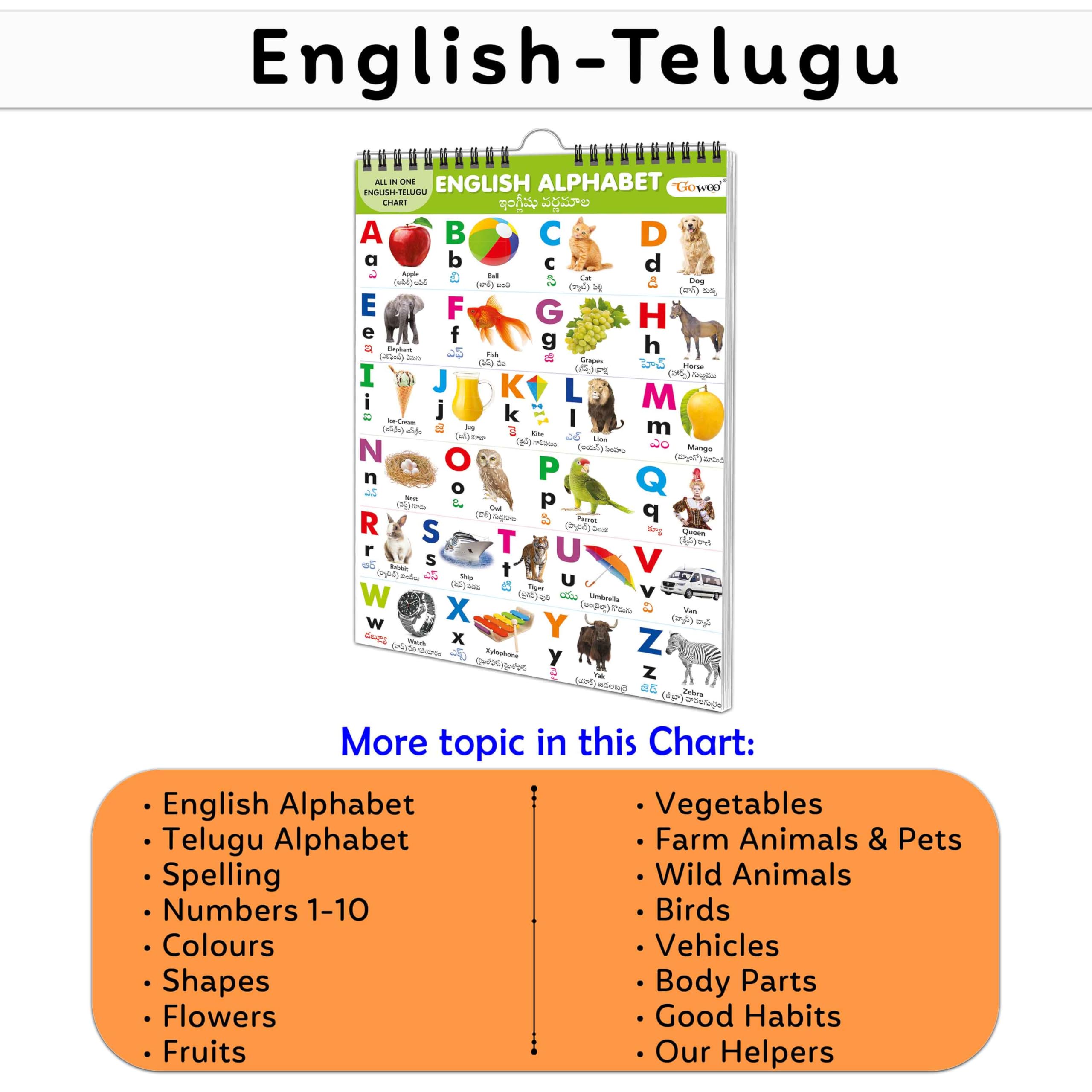 My First ALL IN ONE SPIRAL CHART ENGLISHTELUGU : Early Learning Chart Book Collections, Chart Book With 16 Topics, gift for Kid