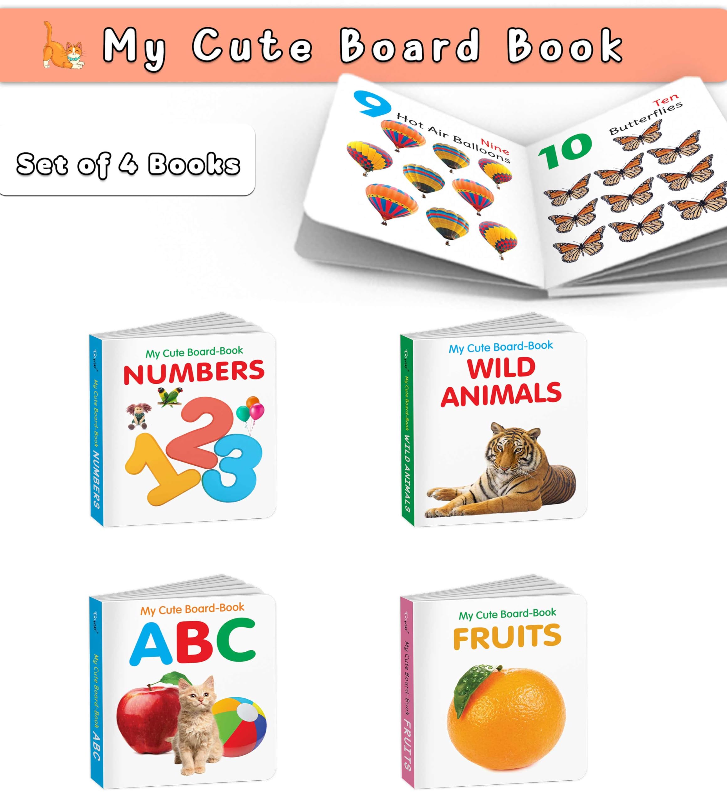 Baby board books collection  ABC, Wild Animals Fruits and Numbers : compact board book for kids, durable board books for childr