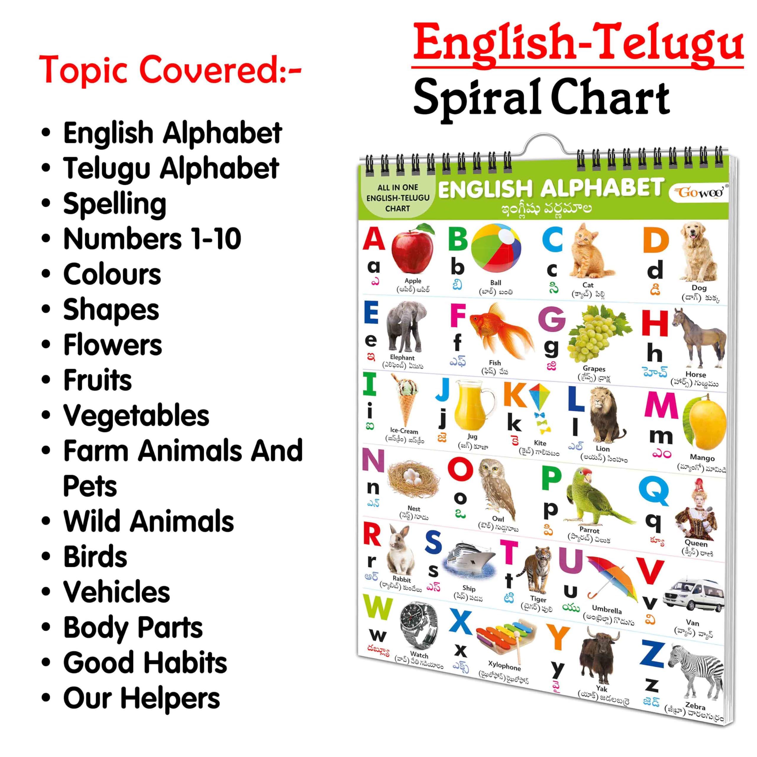 My First ALL IN ONE SPIRAL CHART ENGLISHTELUGU : Kids first little library, Chart for kids, Early learning Chart, Picture Chart