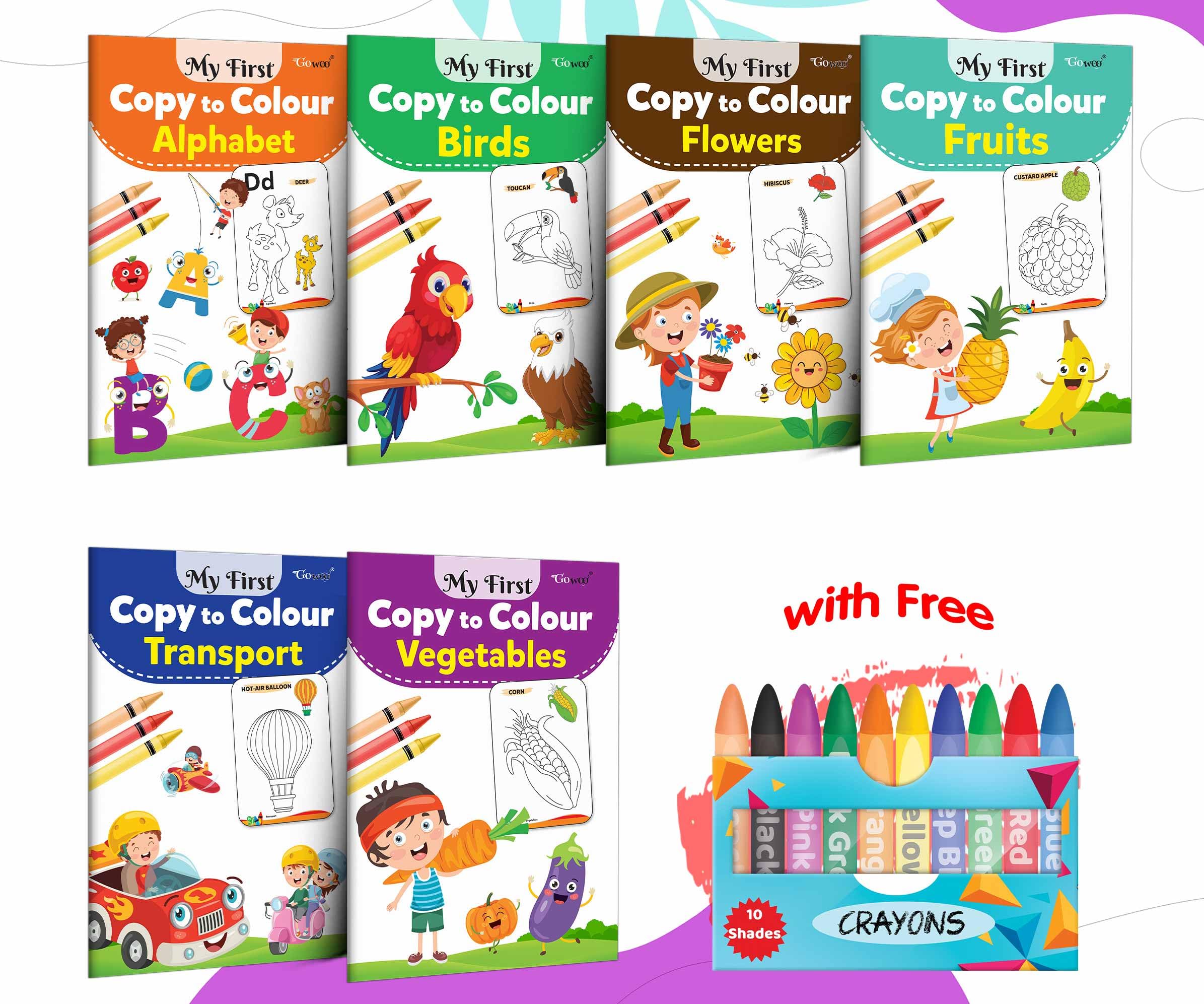 My First Copy to Colour  Alphabet, Birds, Flowers, Fruits, Transport and Vegetables with 10 WAX CRAYONS : friendly colouring bo