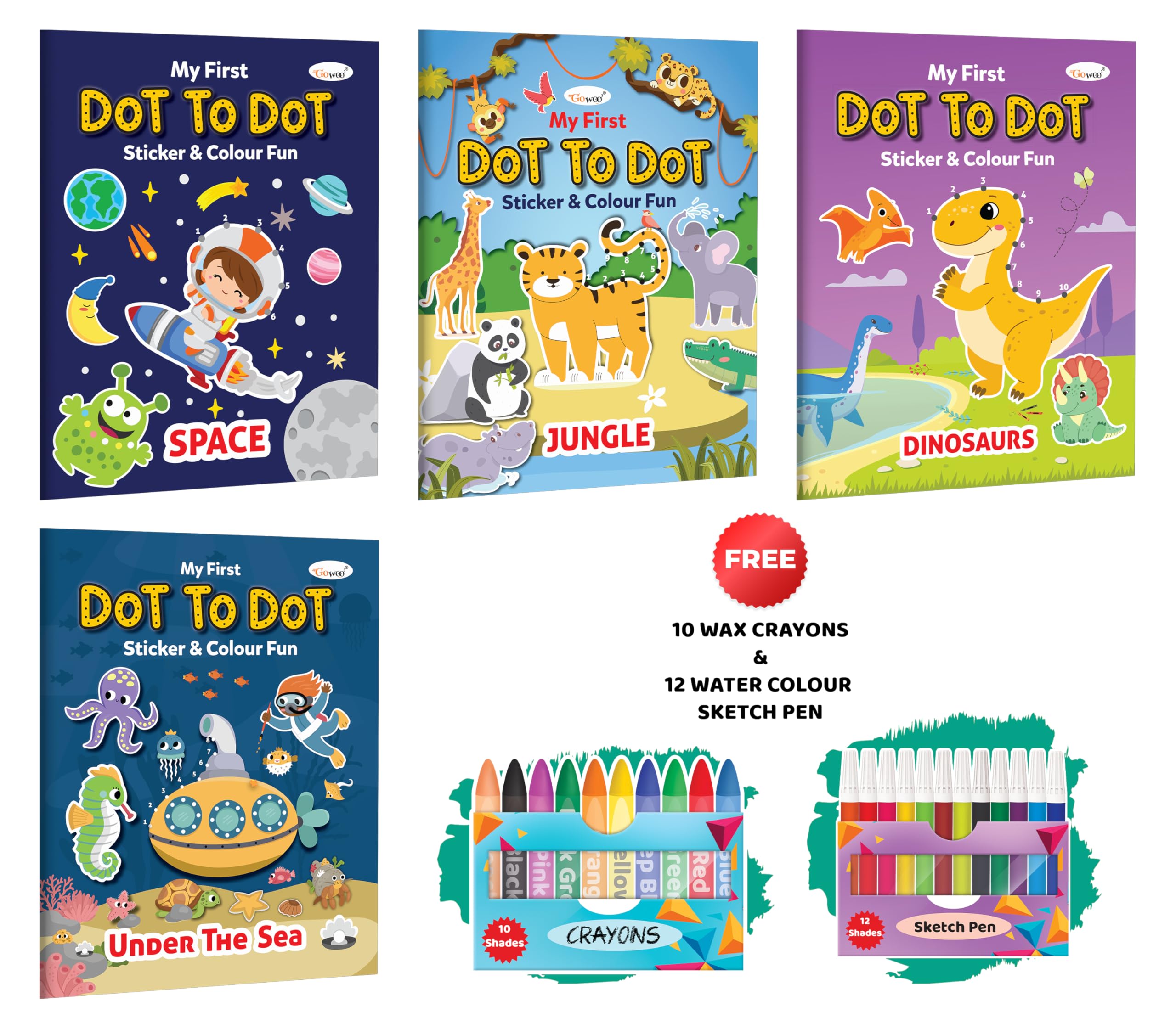 My first Dot to Dot Sticker & Colour Fun  Under the Sea, Jungle, Space and Dinosaurs with 10 wax crayons and 12 Water colour sk