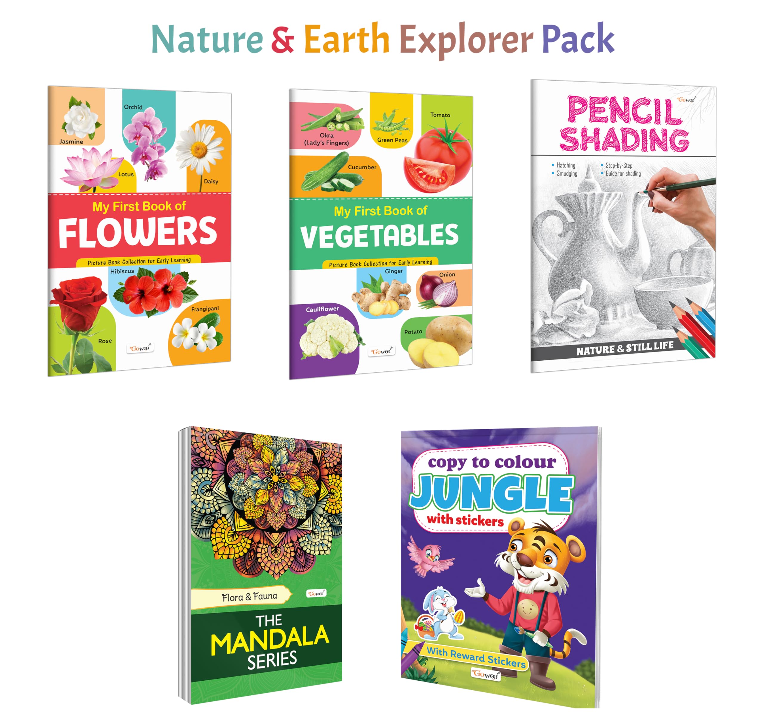 My First Book of Flowers, My First Book of Vegetables and more : Nature learning pack, mandala floral art, pencil shading skill