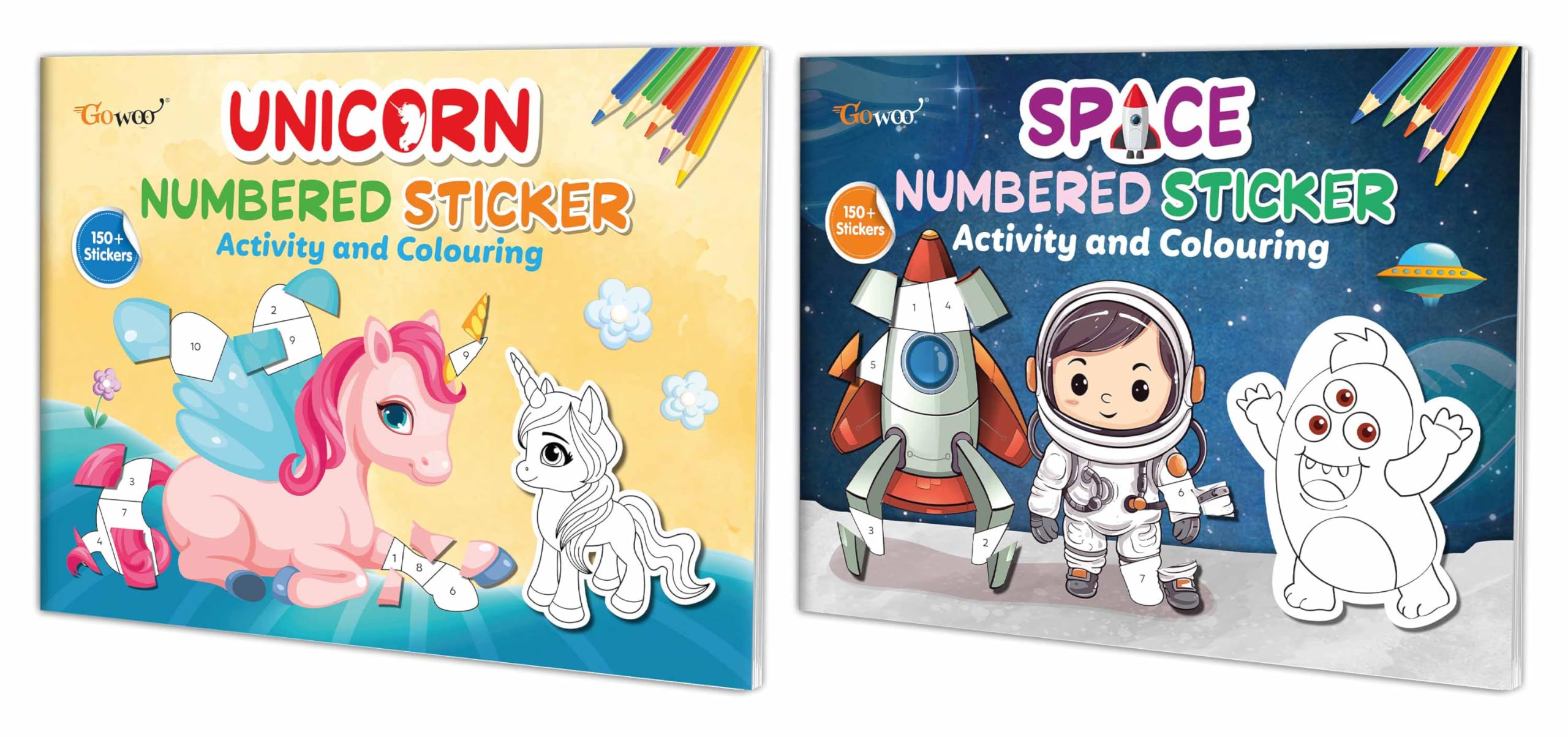 Unicorn and Space Numbered Sticker Activity and Colouring books for age 3+ Kids : Educational activity book, Sticker play and co