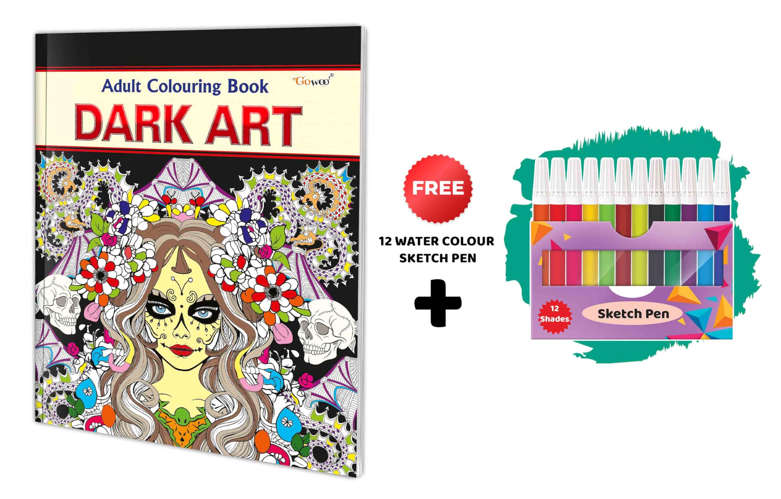 Dark Art  Adult Colouring Book With 12 Water Colour Sketch Pen : Coloring book for Adults, Art & Craft Kit, Mindful Coloring Bo