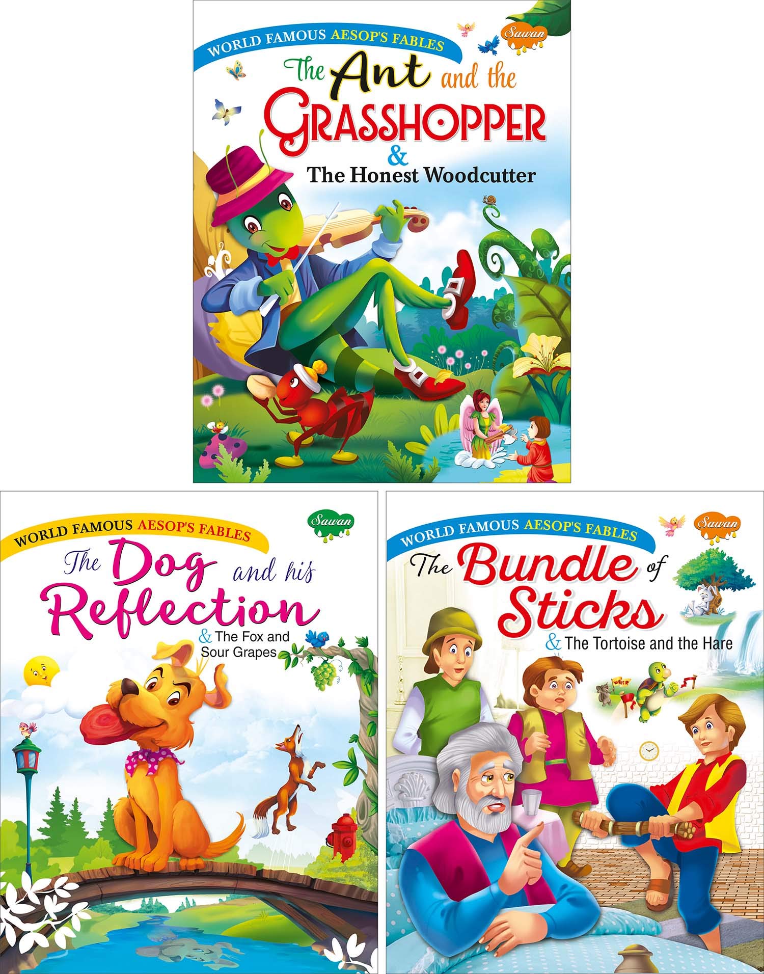 Set Of 3 Books | World Famous AesopS Fables : The Ant And The Grasshopper & The Honest Woodcutter, The Dog And His Reflection 