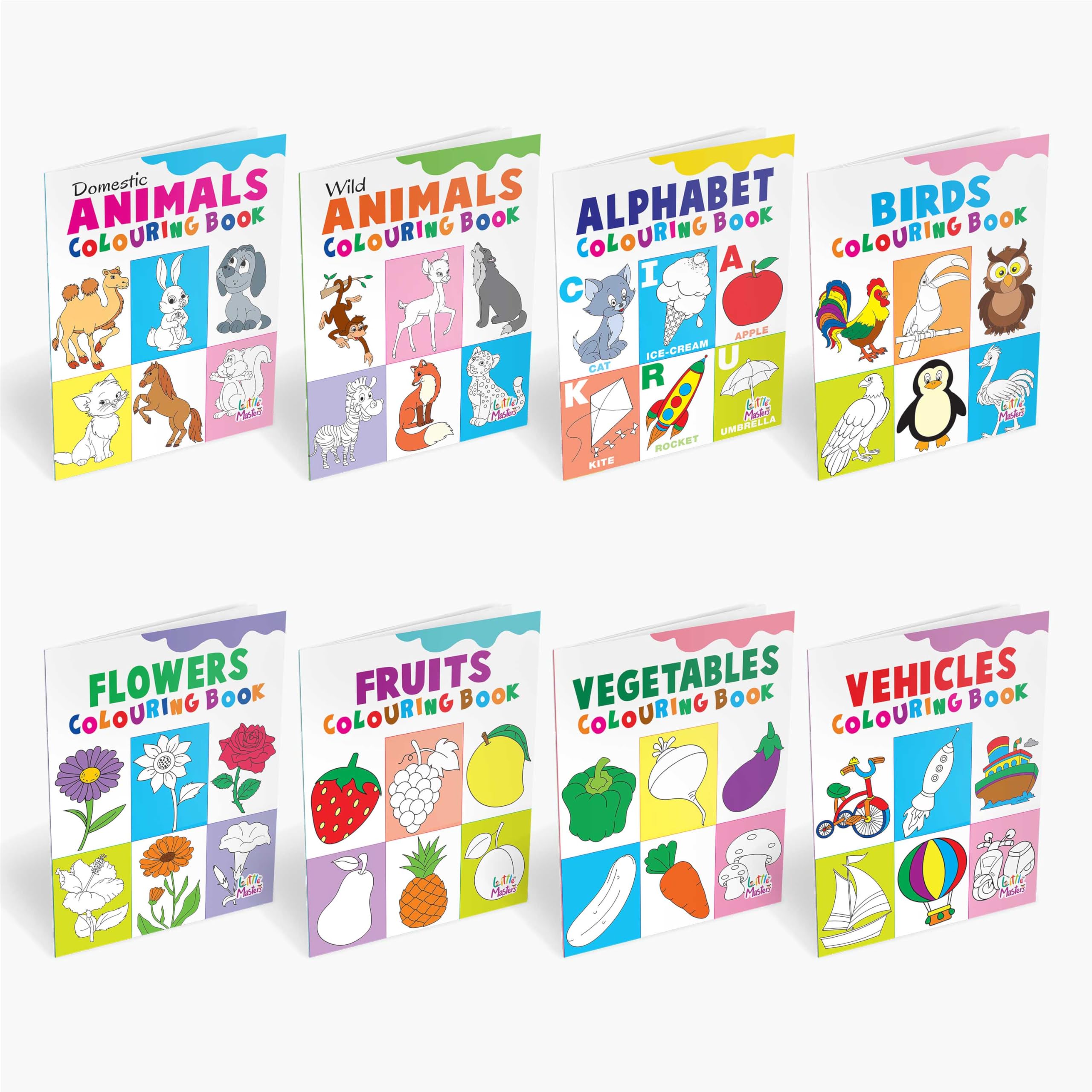 Colouring Fun Books: Domestic Animals| Wild Animals| Alphabet| Birds| Flowers| Fruits| Vegetables| Vehicles| Eearly Learning Col