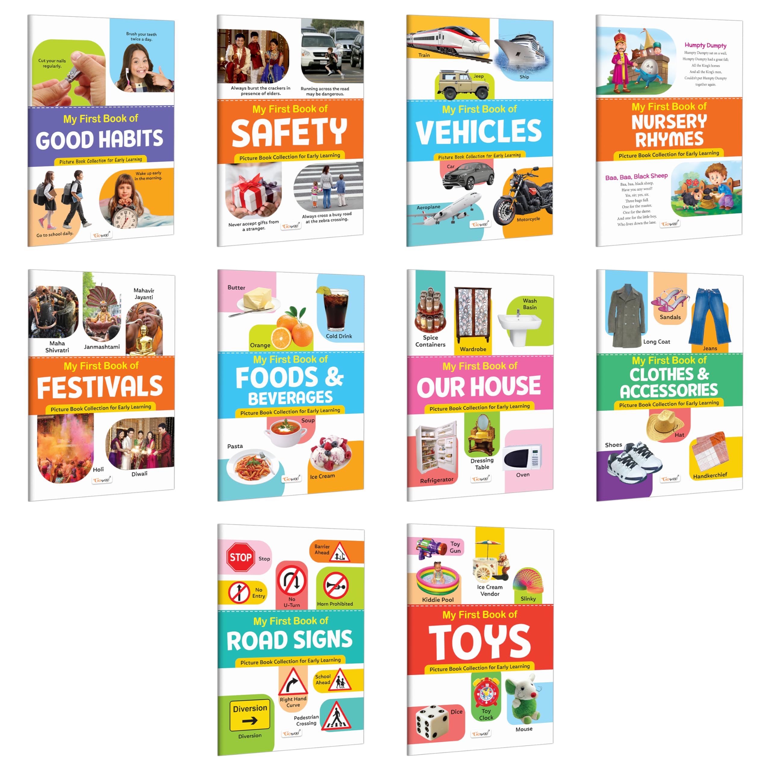 My First Book of Vehicles, Good Habits, Safety, Nursery Rhymes and more : safety awareness book for kids, colorful learning boo