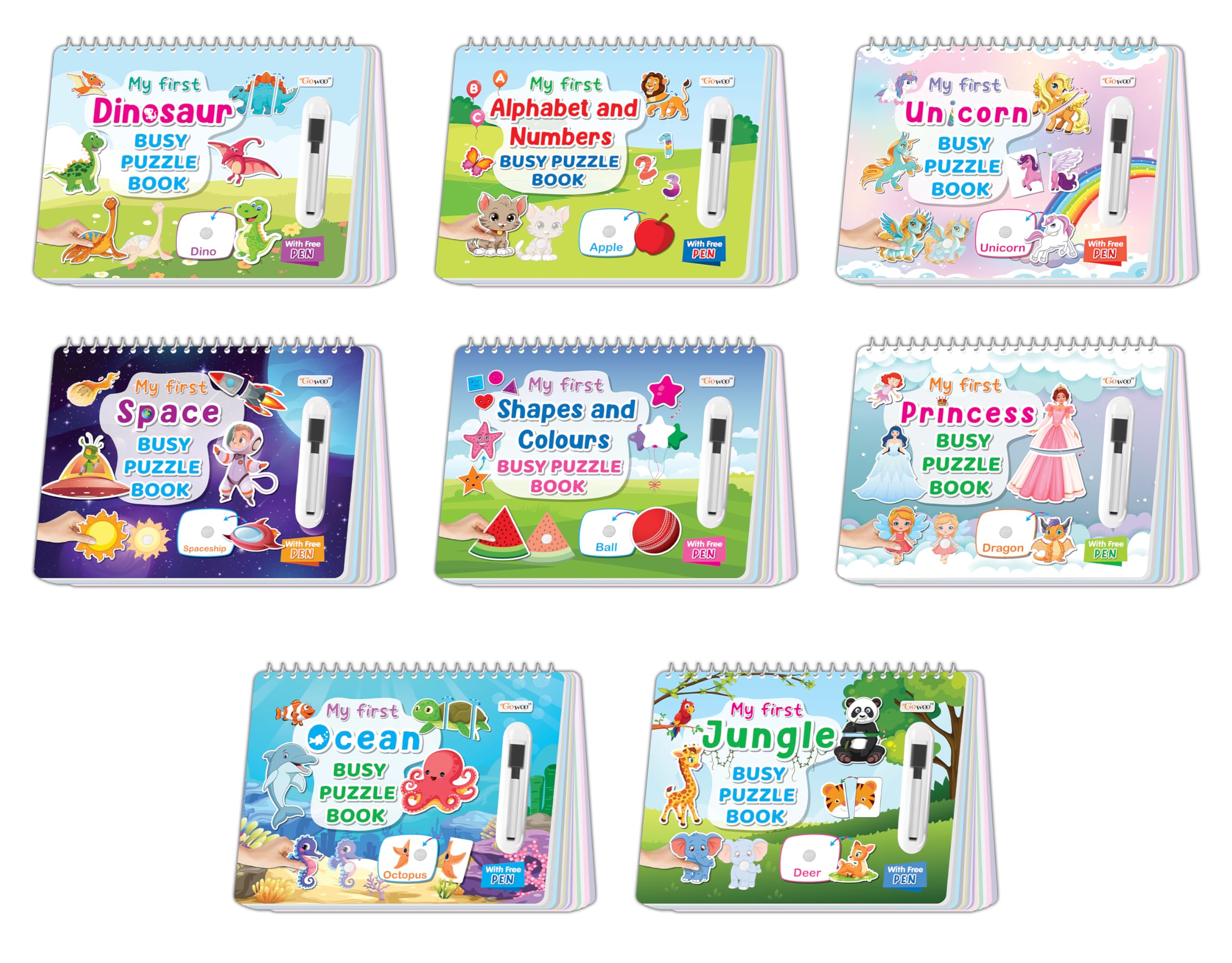My First Alphabet and Numbers, Shapes and Colours, Jungle, Princess, Unicorn, Space, Dinosaur and Ocean Busy Puzzle Book : Stick