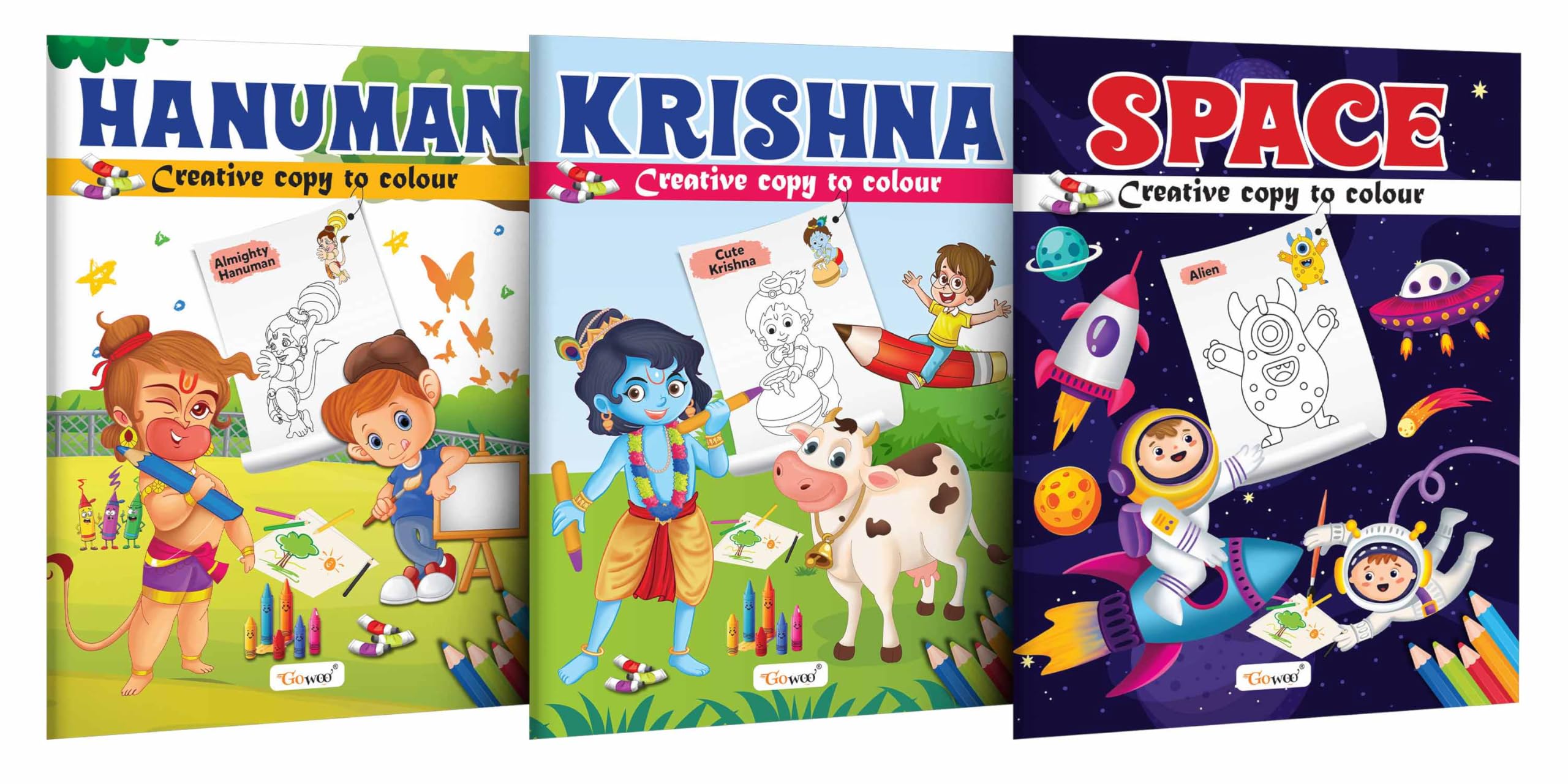 Hanuman, Krishna and Space  Creative Copy to Colour book : Picture Coloring Book for Early kids, Children Coloring Book, Copy t
