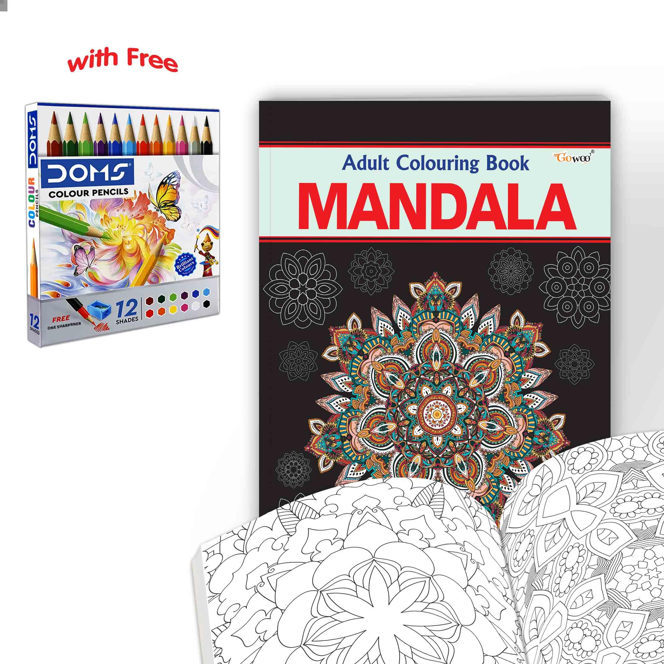 Mandala  Adult Colouring Book with 12 Colour Pencils + 1 Sharpner : premium mandala art book, colouring book for anxiety relief