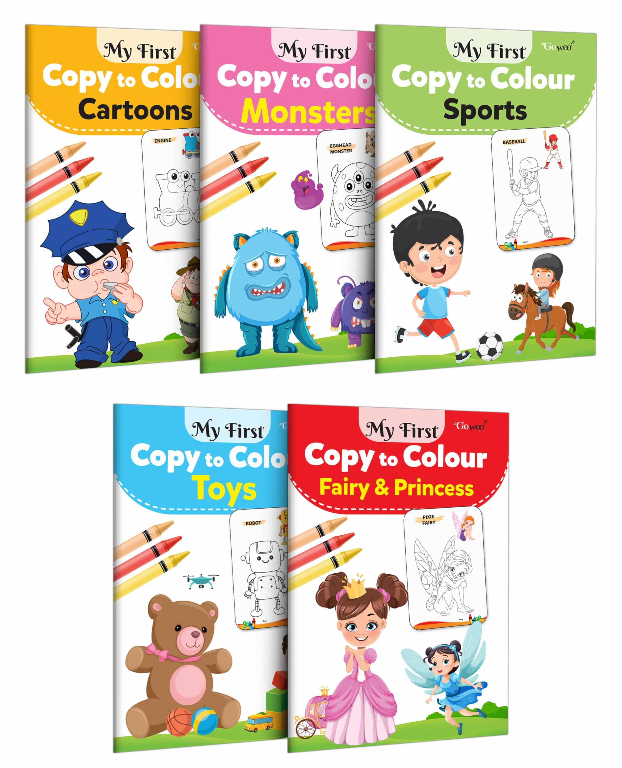 My First Copy to Colour  Cartoons, Monster, Sports, Toys and Fairy & Princess : Art book for children, Childrens copy colouri