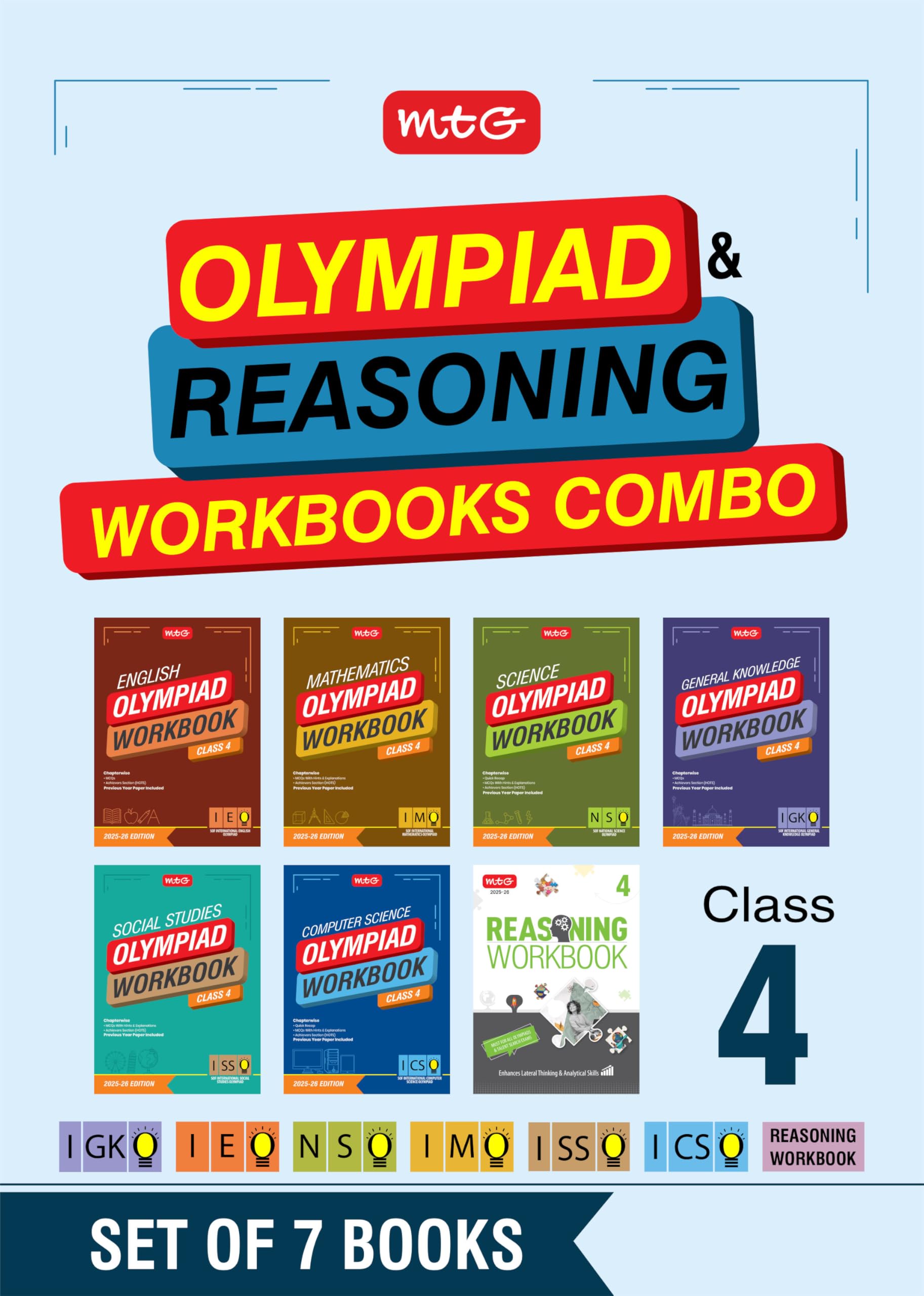 MTG Class4 NSOIMOIEOICSOIGKOISSO Olympiad and Reasoning Workbook Combo (Set of 7 Books) | MCQs, Previous Years Paper & Ach