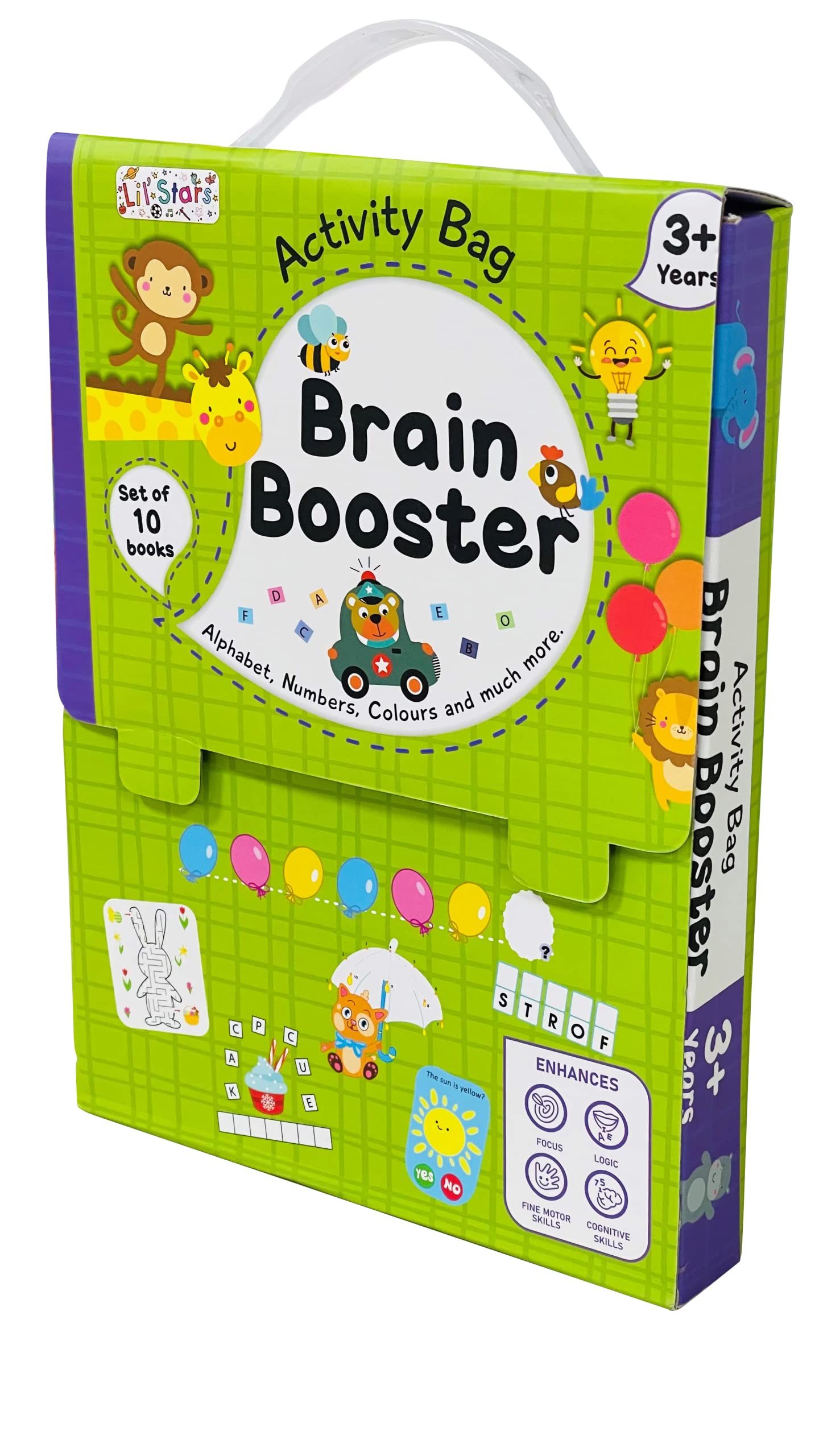 Brain Booster Activity Bag For Kids & Children |Set Of 10 Books| Dot To Dot,Look & Find,How Many,Mazes,Difference,Reasoning,Sort