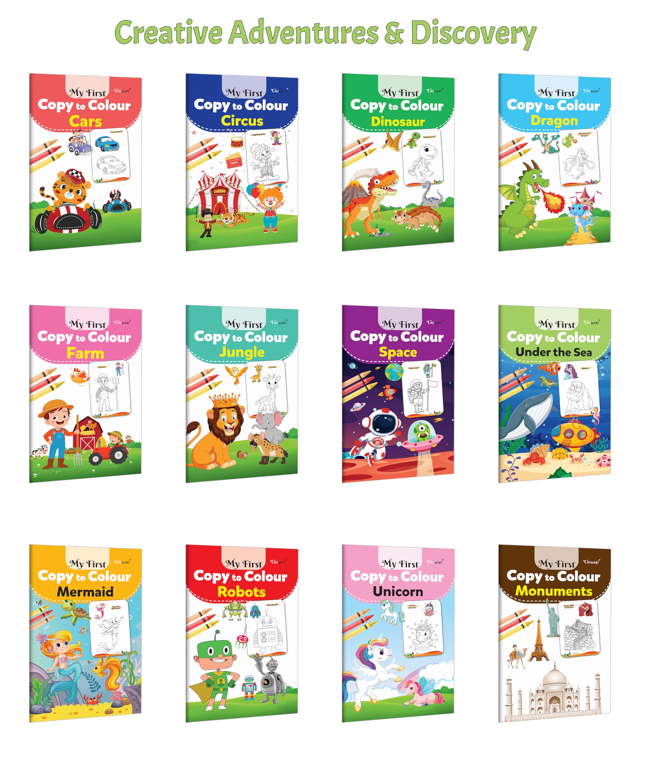 My First Copy to Colour  Cars, Circus, Dinosaur and more : Adventure vehicles colouring, kids fun pack, ocean and jungle theme