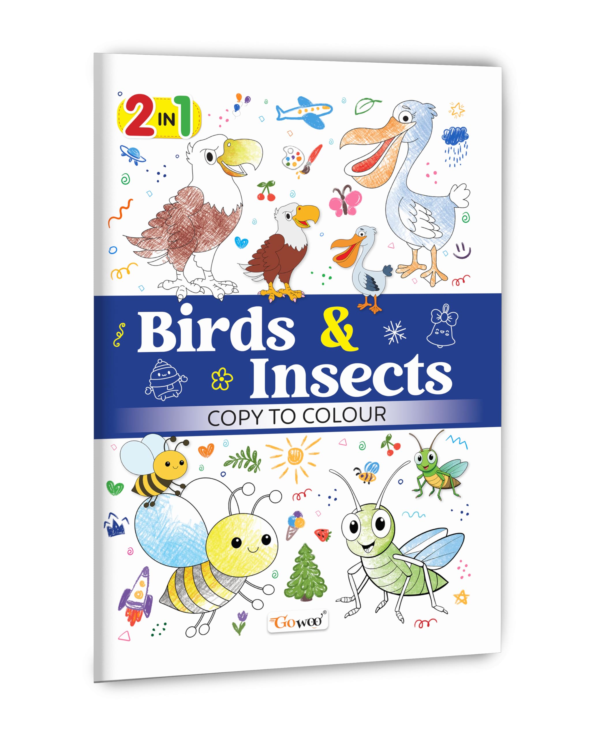 2 in 1 Birds & Insects Copy to Colour : Birds and bugs colouring fun, Creative kids activity book, 2 in 1 copy colouring, Natur
