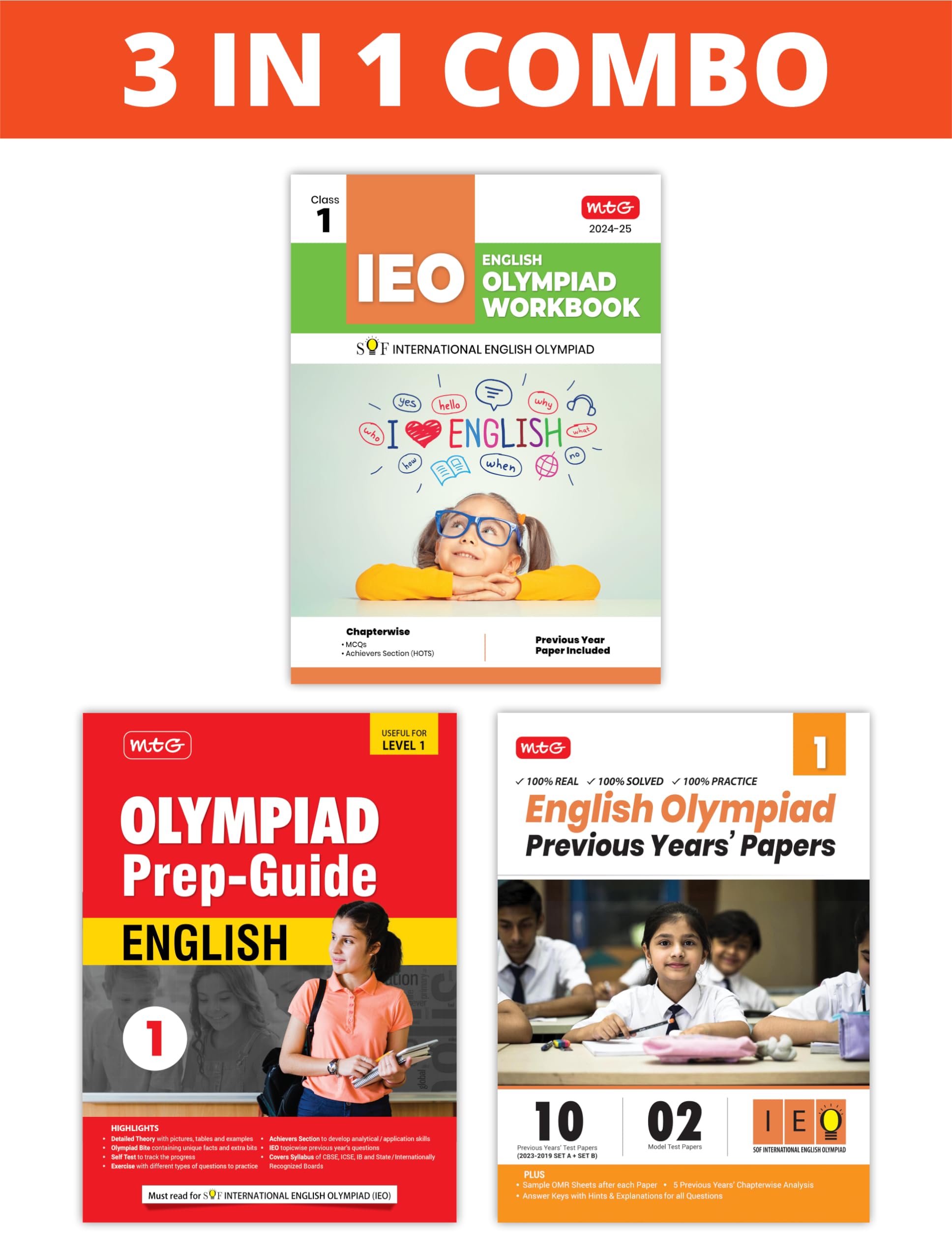 MTG International English Olympiad (IEO) Workbook, PrepGuide & Previous Years Papers (PYQs) with Mock Test Paper Class 1  SOF 