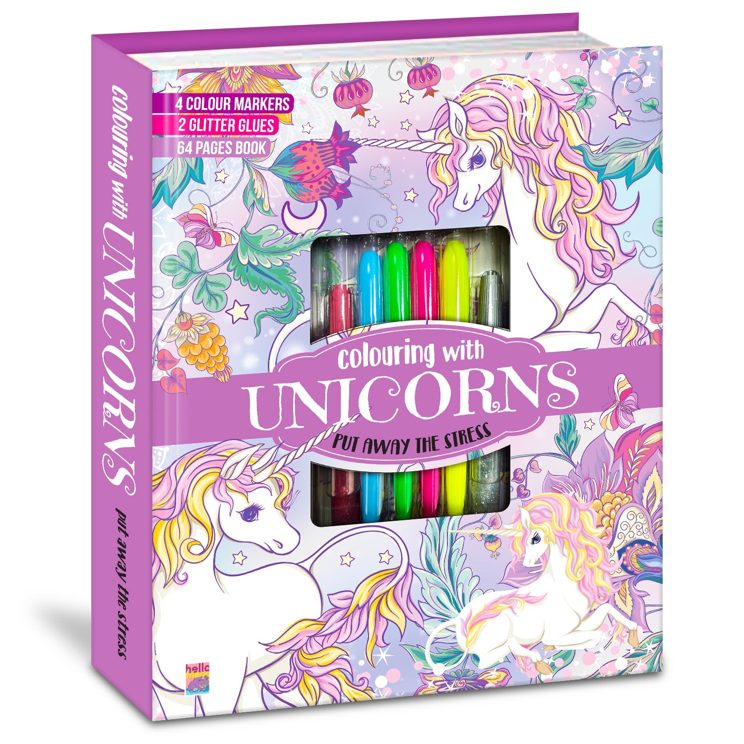 BRIJBASI Hello Friend Unicorns Colouring Combo Kit with 4 Neon Pens & 2 Glitter Tubes + 32 Pages Colouring Pad, 4+ yrs.