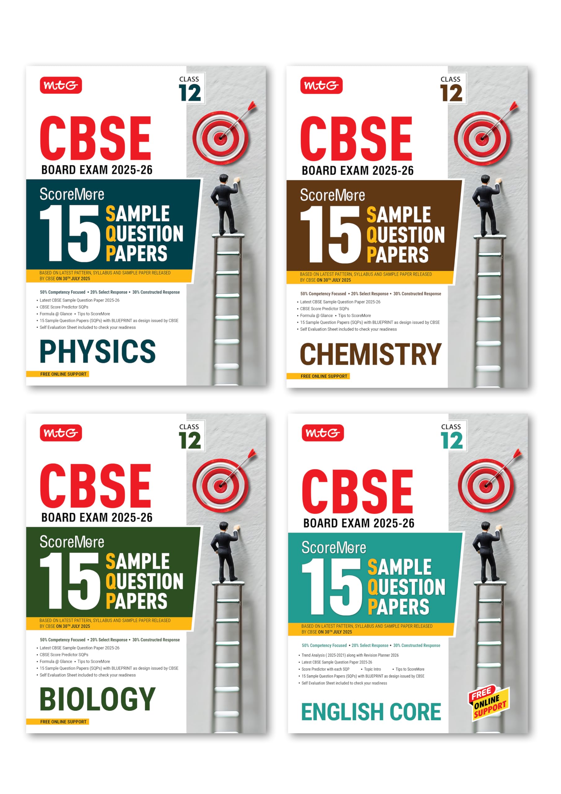 MTG CBSE Class 12 ScoreMore 15 Sample Papers Physics, Chemistry, Biology & English Books For 20252026 Board Exam (Set of 4) | C