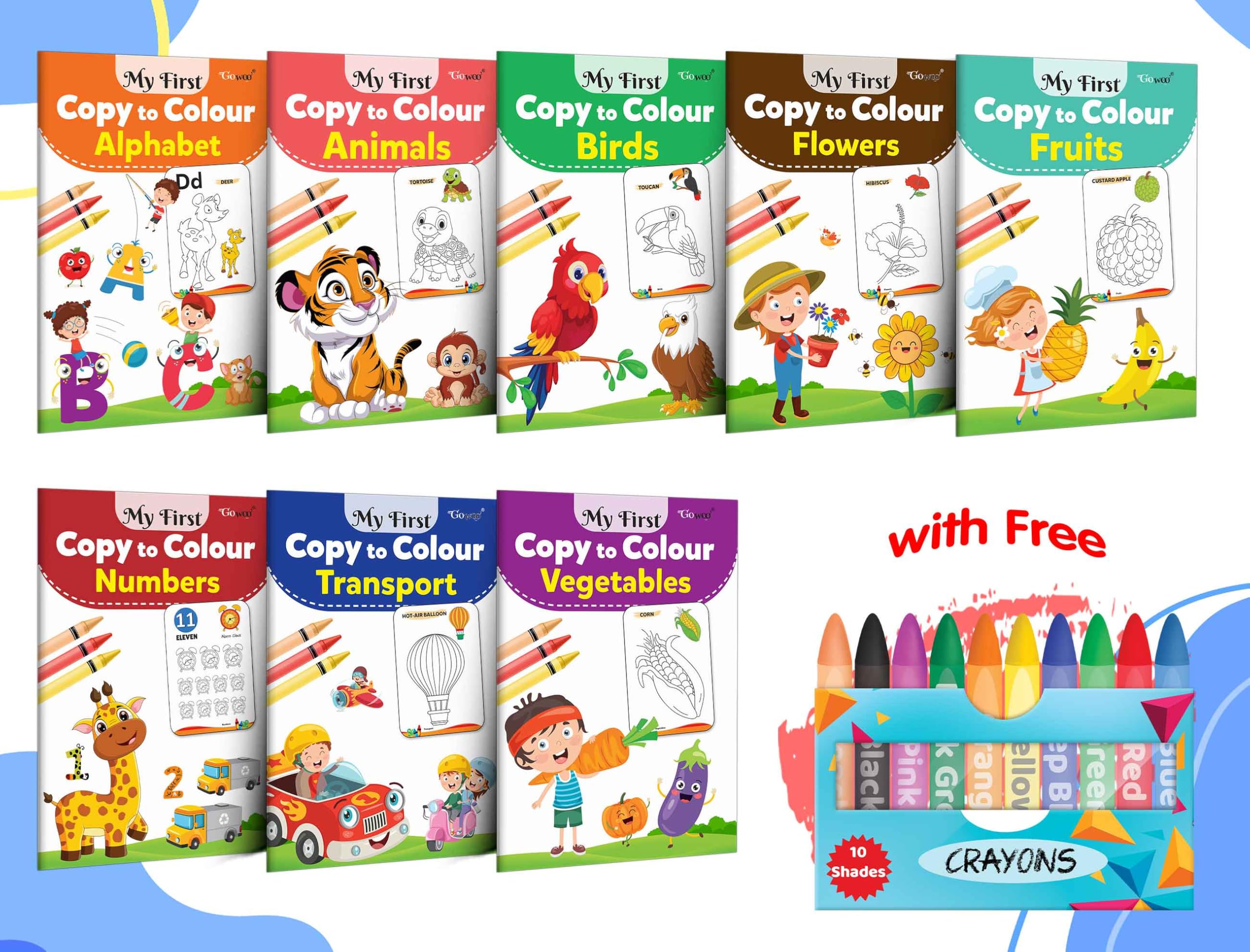 My First Copy to Colour  Alphabet, Animals, Birds, Flowers and more with 10 WAX CRAYONS : Colouring books with pictures, Colour