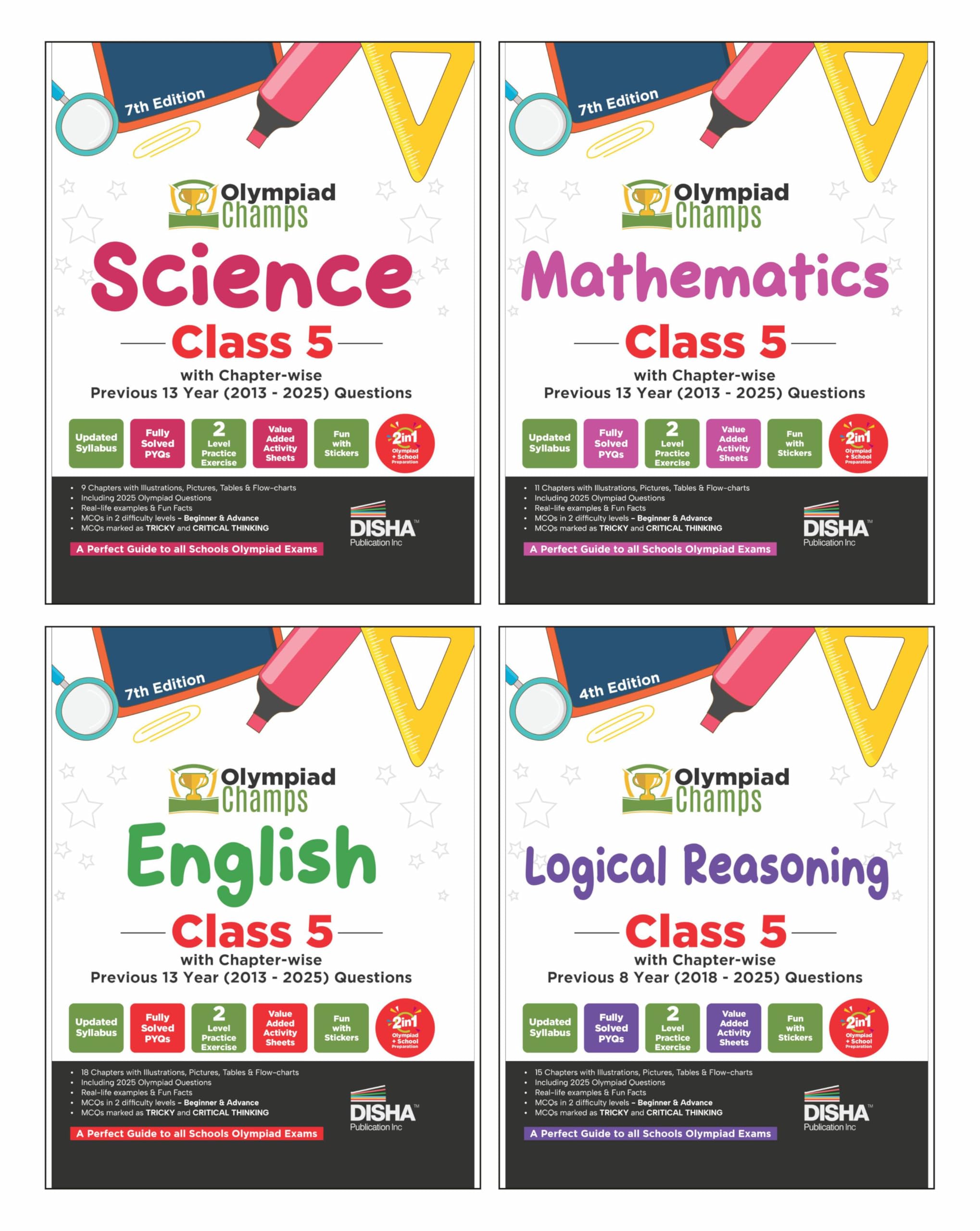 Disha Combo Class 5 (Set Of 4 Books) Olympiad Champs Science, Mathematics, English & Logical Reasoning With ChapterWise Previou