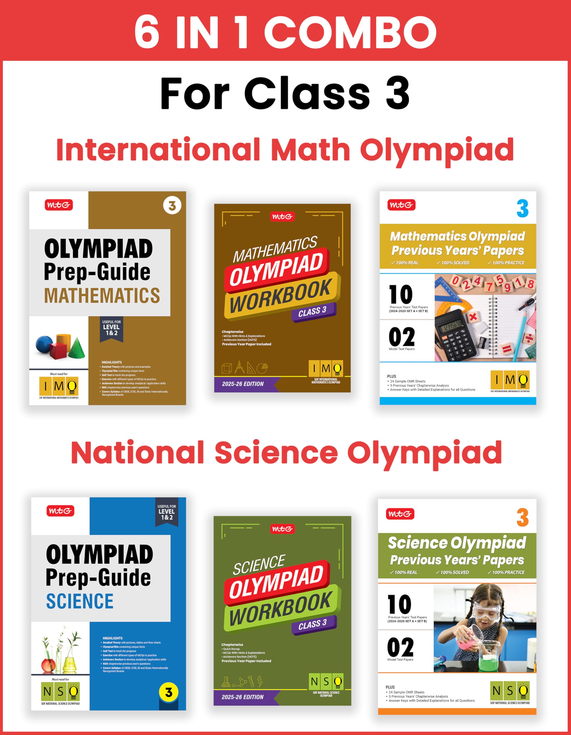Mtg Class3 Mathematics & Science (ImoNso) Olympiad Workbook, PrepGuide & Previous Years Papers (Pyqs)  Sof Olympiad Books Fo