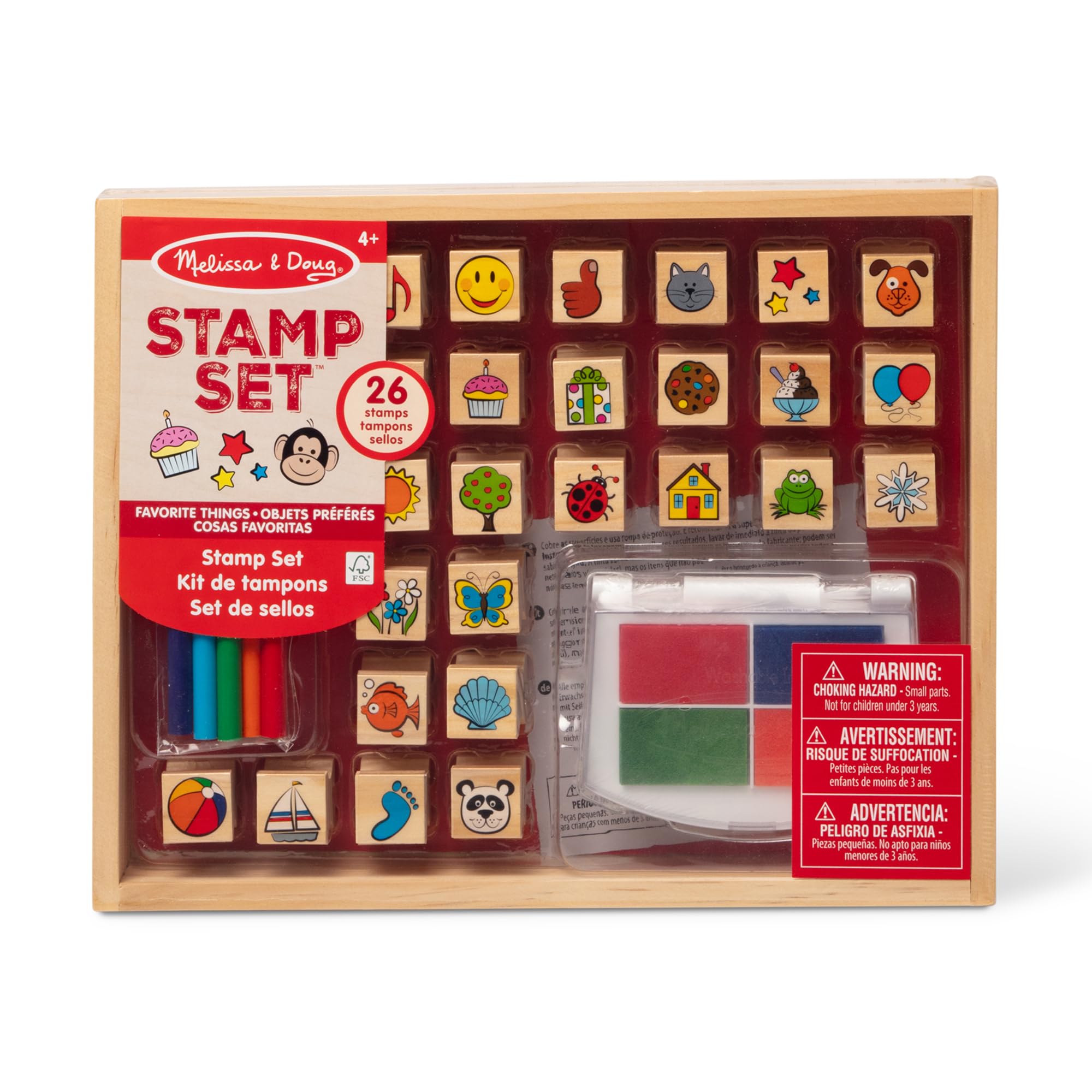 Melissa & Doug Arts & Crafts, Sturdy Wooden Storage Box, Washable Ink Favorite Things Stamp Set (26 Pieces, 10.45 H X 8.25 W X 1