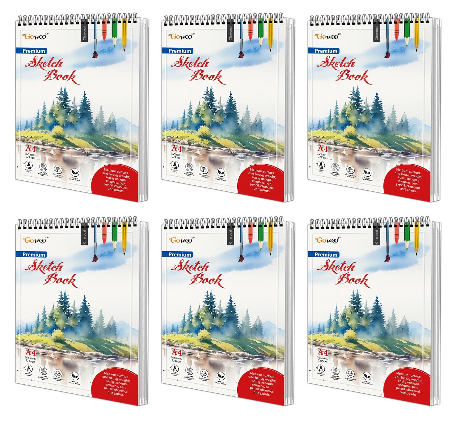A4 Premium Sketch Book : Set of 6 Top SpiralBound Sketchpad for Artists, (36 Sheets) Sketching and Drawing Acid Free Paper (140