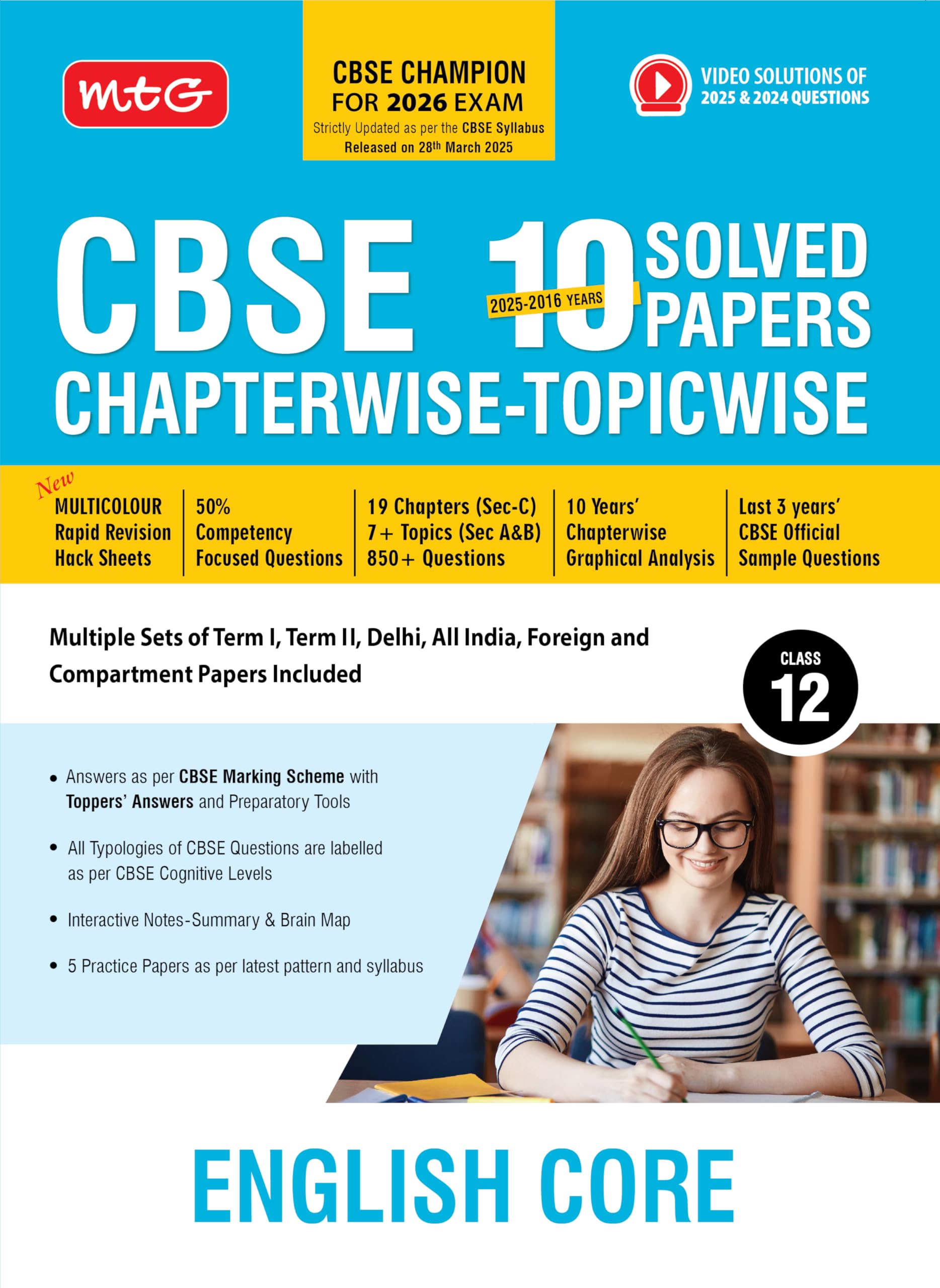 Mtg Cbse 10 Years (20252016) Chapterwise Topicwise Solved Papers Class 12 English Core  Cbse Champion For 2026 Exam | Free Vid
