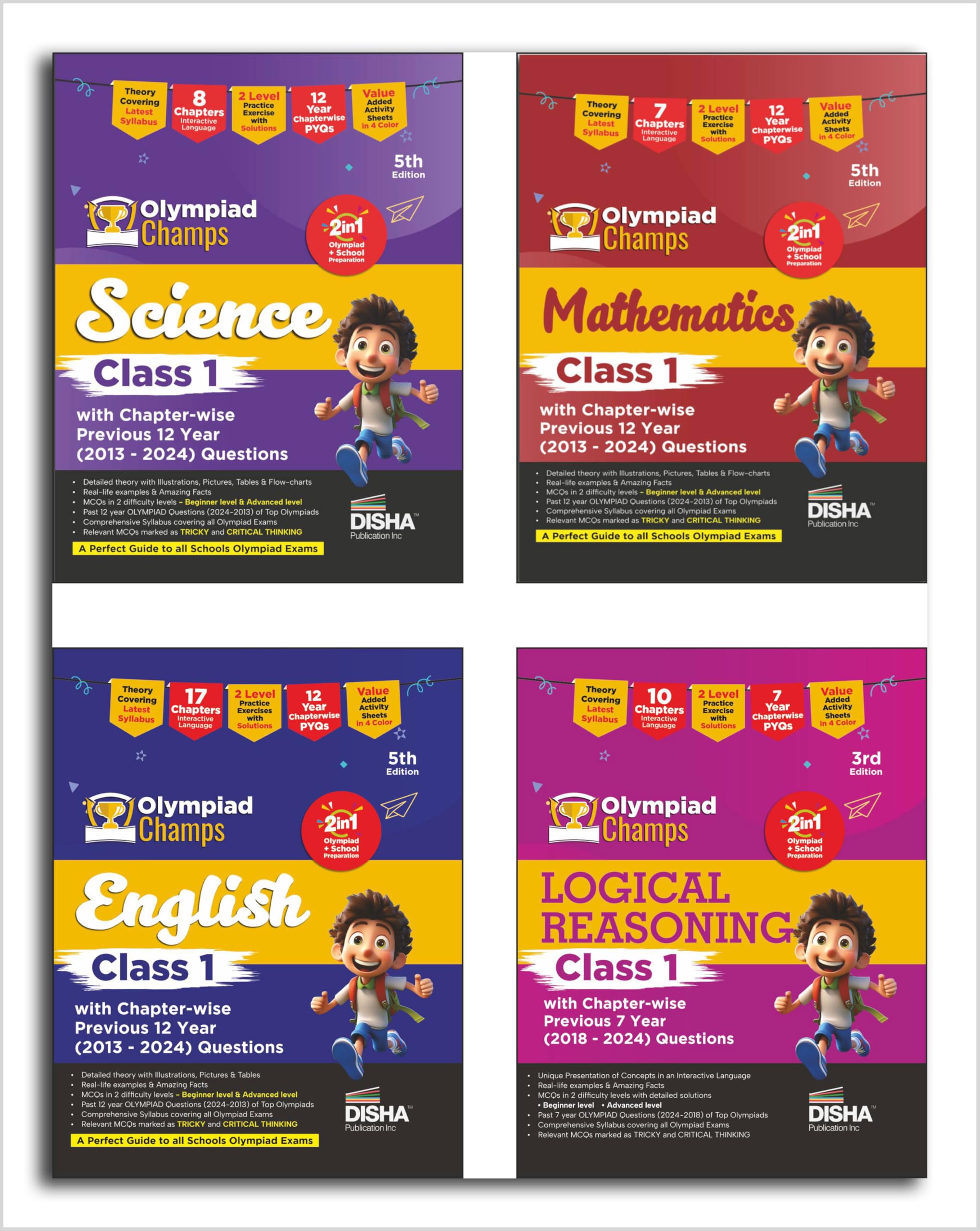 Old Edition  Disha Combo Class 1 (Set Of 4 Books) Olympiad Champs Science, Mathematics, English & Logical Reasoning With Chapte