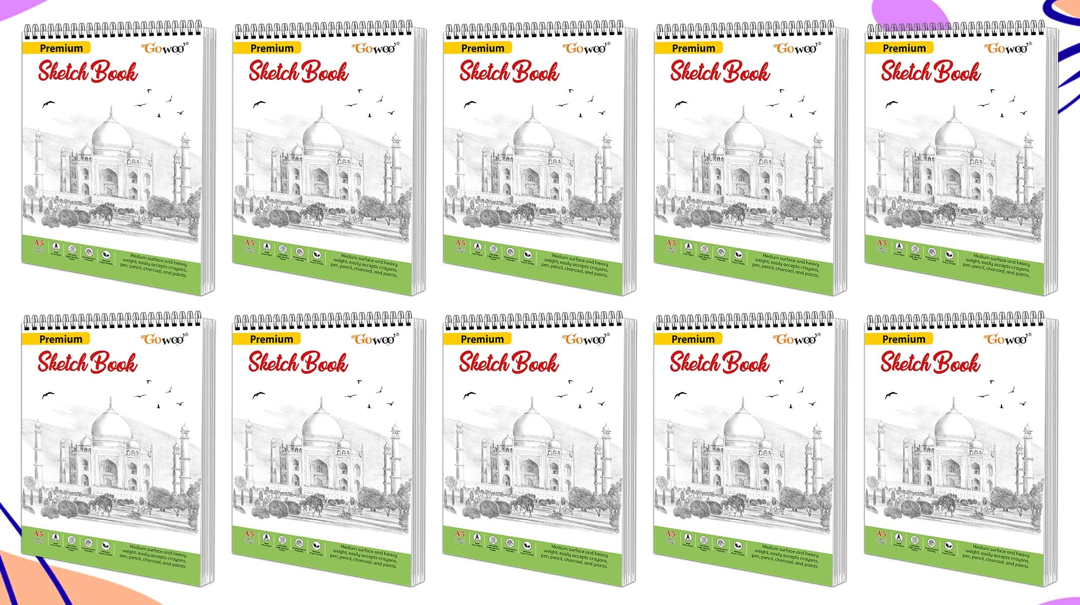 A5 Premium Sketch Book : Set of 10  SpiralBound Sketchpad, 140 GSM Thick Paper Sketching, Drawing and Creative Work, 36 Sheets