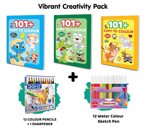 101+ Copy to Colour  Blue, Green & Yellow Edition with 12 Colour Pencils + 1 Sharpener + 12 Water Colour Sketch Pens : SkillE