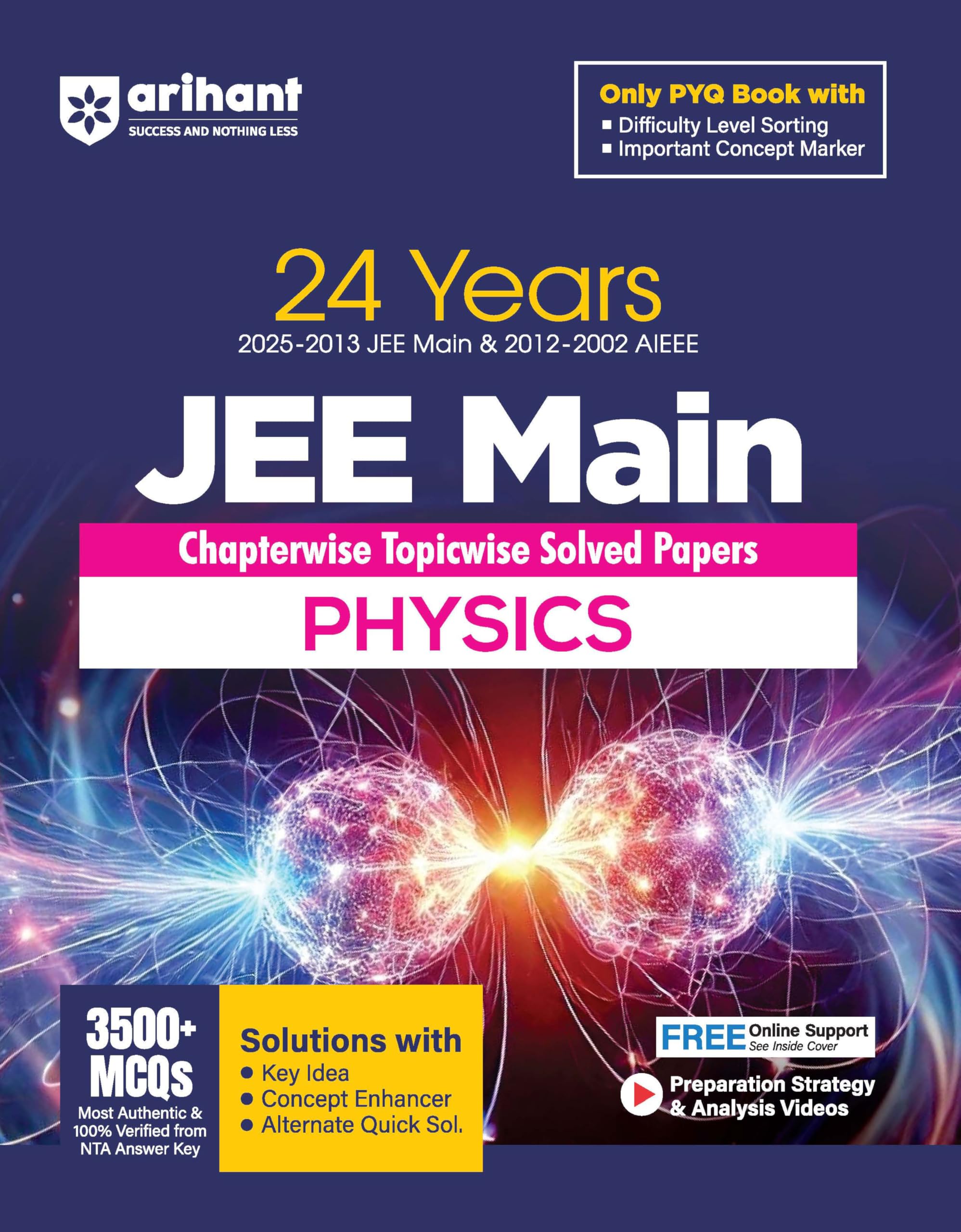 Arihant 24 Years JEE Main Physics Chapterwise Topicwise PYQ with 3500+ MCQ |Verified Answer by NTA, Solution with Key Idea, Conc