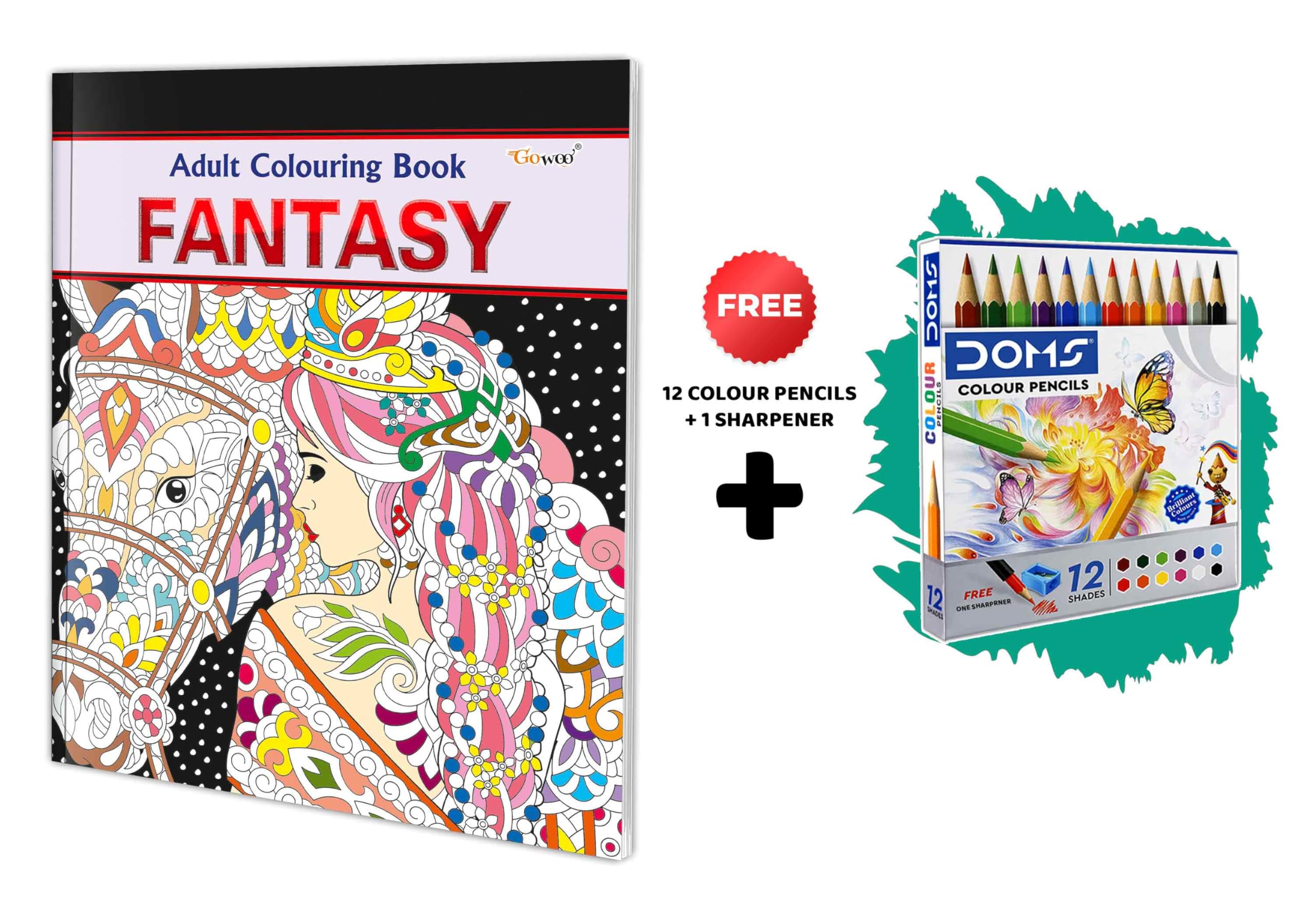 Fantasy  Adult Colouring Book with 12 Colour Pencils + 1 Sharpner : Relaxing Art Coloring Book, Creative Coloring Fun, Mindful 