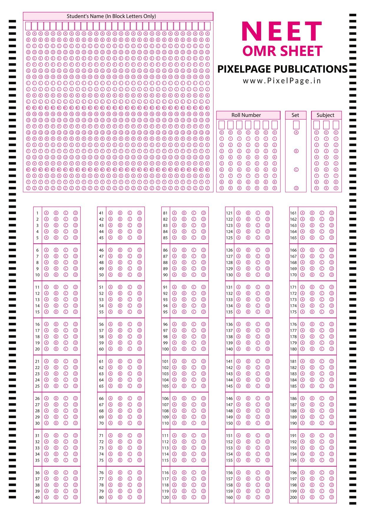 PIXELPAGE OMR Practice Sheet for the NEET/ Competitive Exams Prep: 200 MCQ 100 Sheets | Single  Sided Print | A4 Size