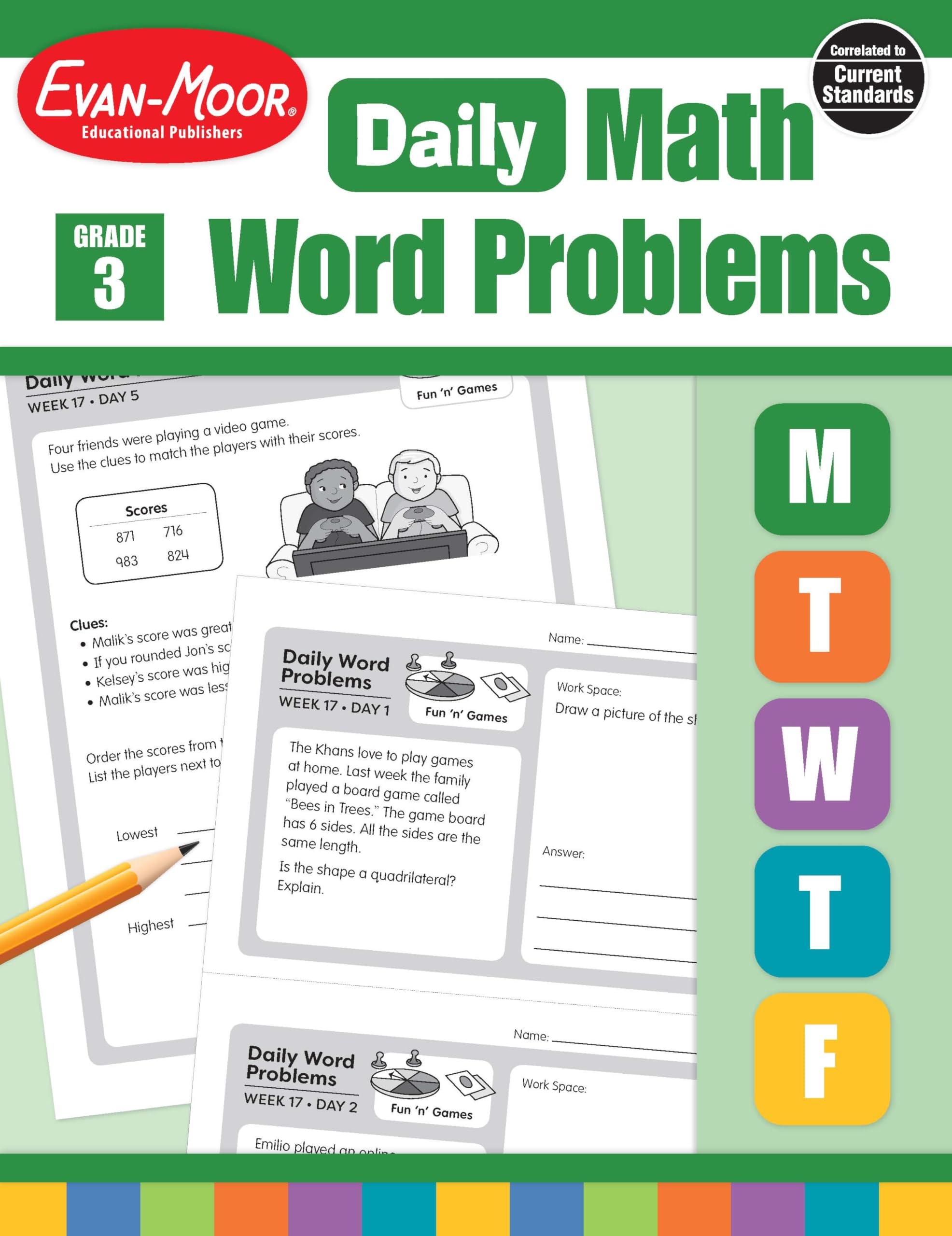 EvanMoor Daily Word Problems, Grade 3, Homeschooling & Classroom Resource Workbook, ProblemSolving Real Life Math Skills, Repr