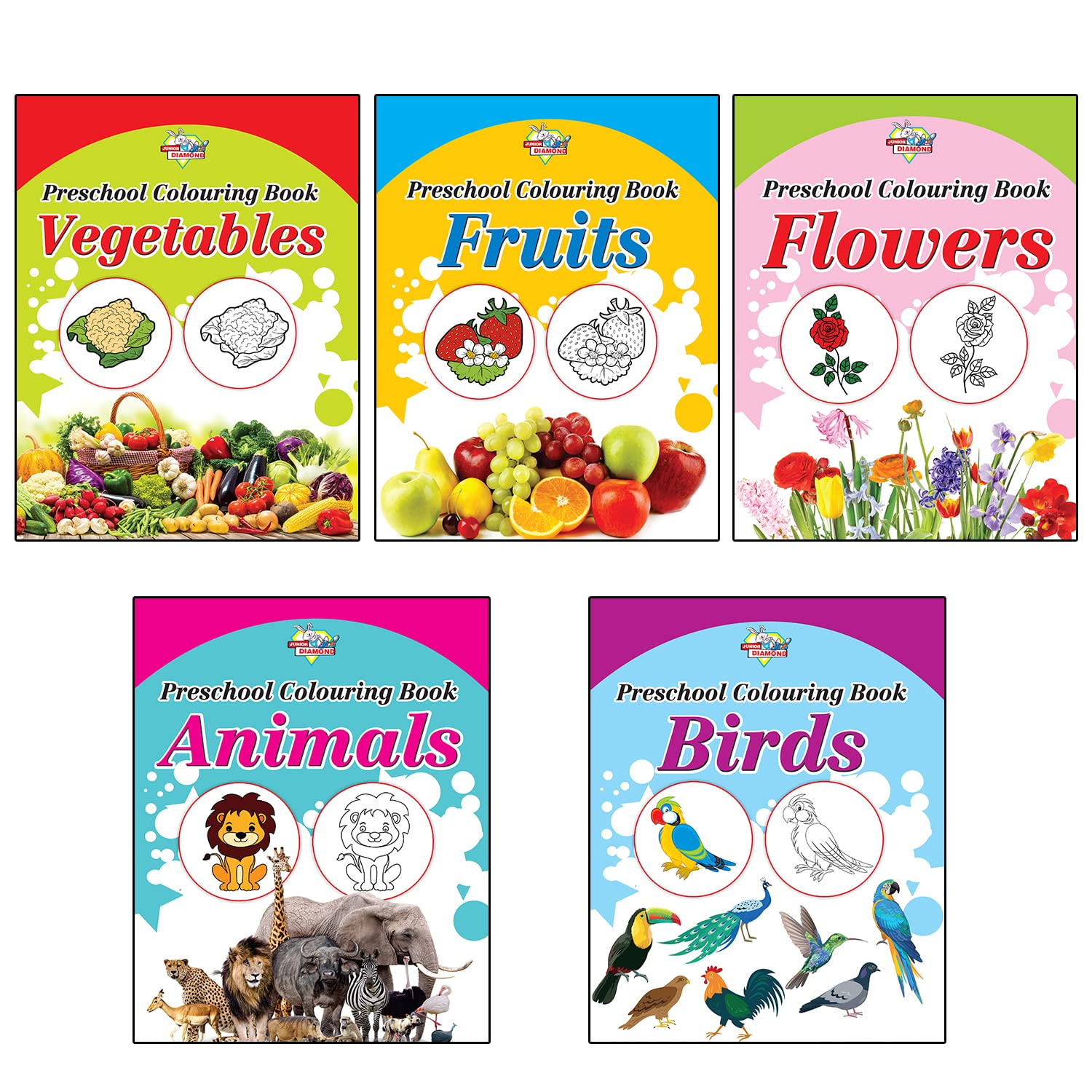 Preschool Colouring Books for Kids (Set of 5 Books) Copy Colouring Books | Vegetables | Fruits | Flowers | Animals | Birds