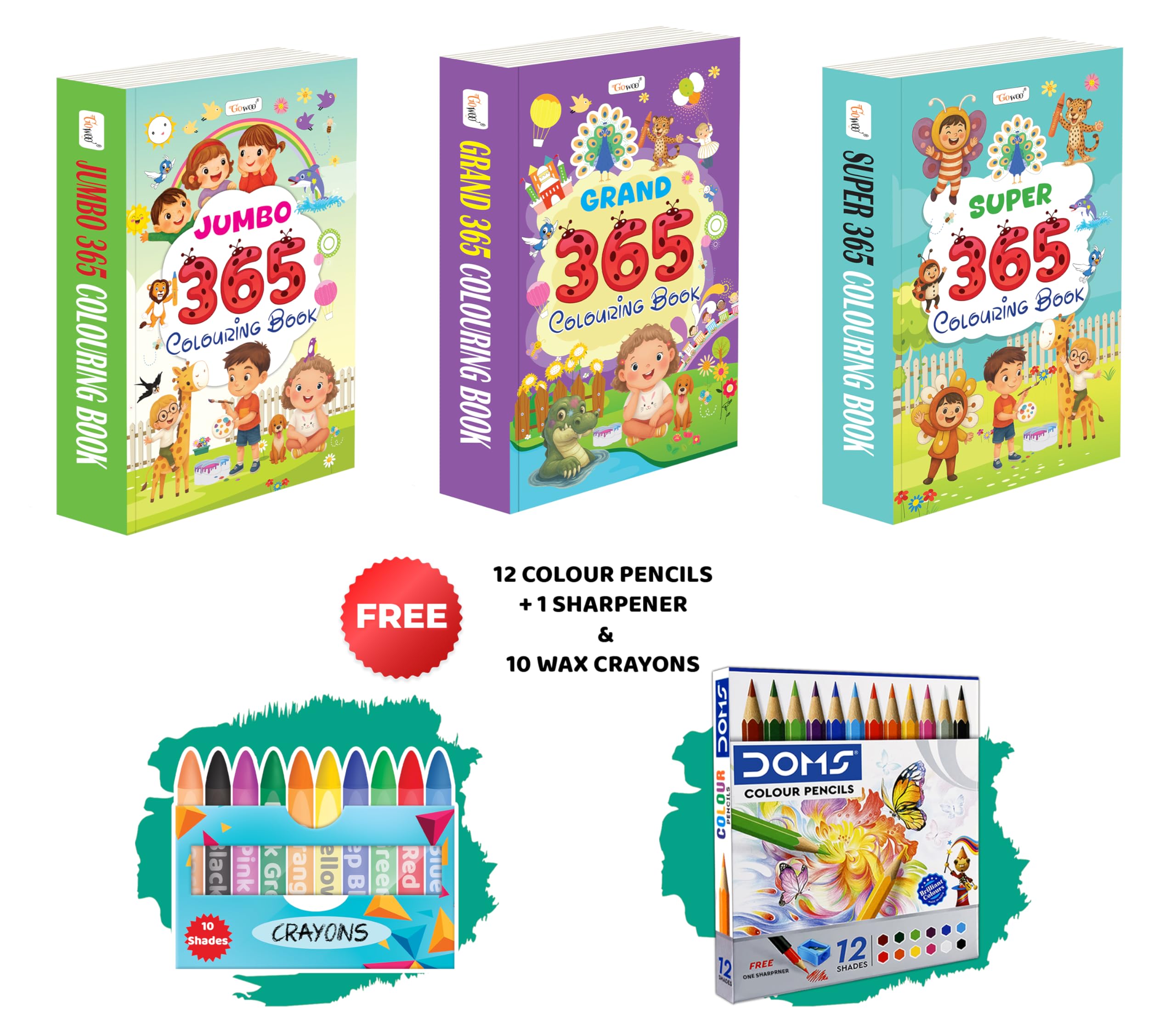 GRAND, JUMBO & SUPER  365 Colouring Books with 12 Colour Pencils + 1 Sharpener and 10 Wax Crayons : early learners colouring c