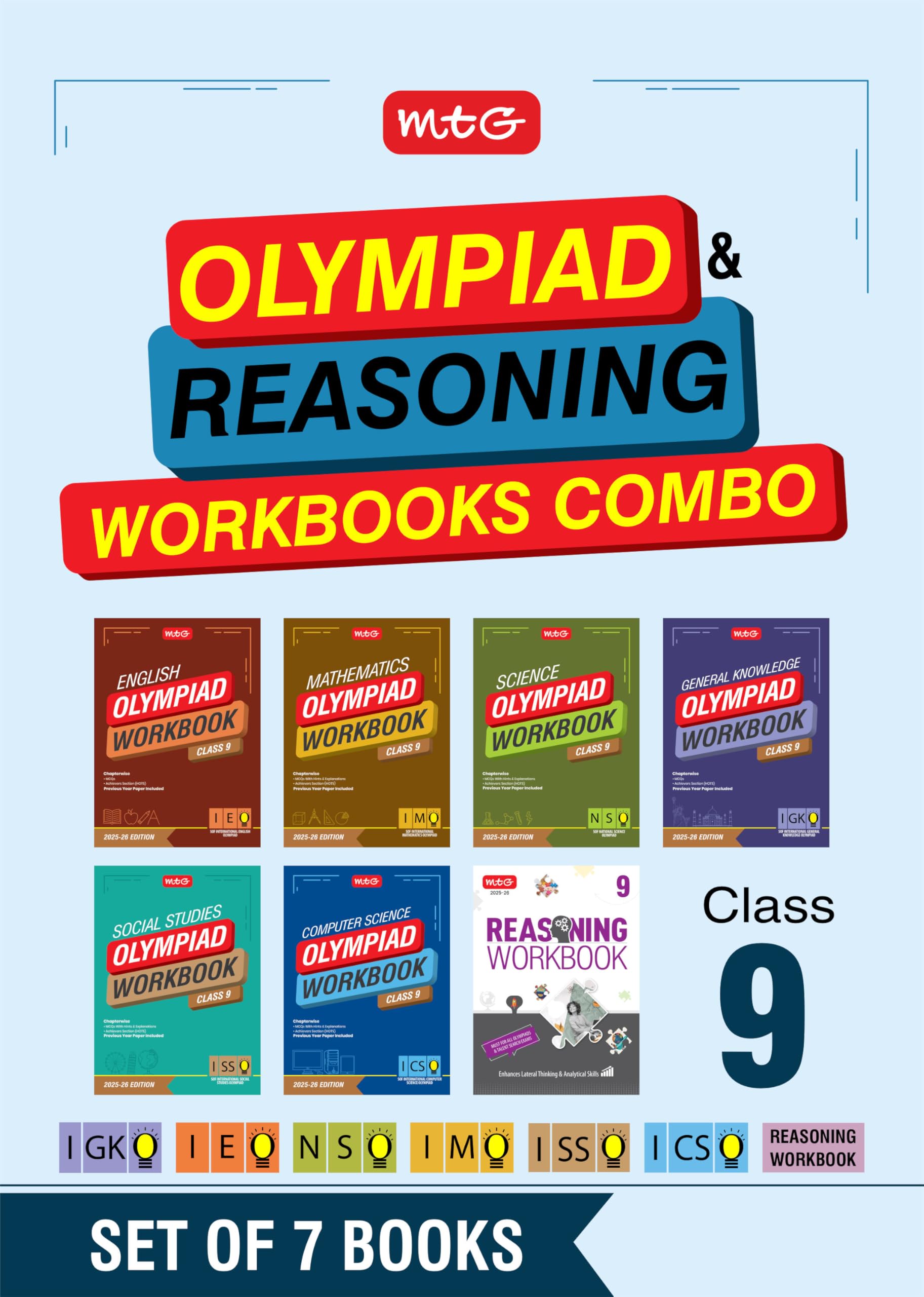 MTG Class9 NSOIMOIEOICSOIGKOISSO Olympiad and Reasoning Workbook Combo (Set of 7 Books) | MCQs, Previous Years Paper & Ach