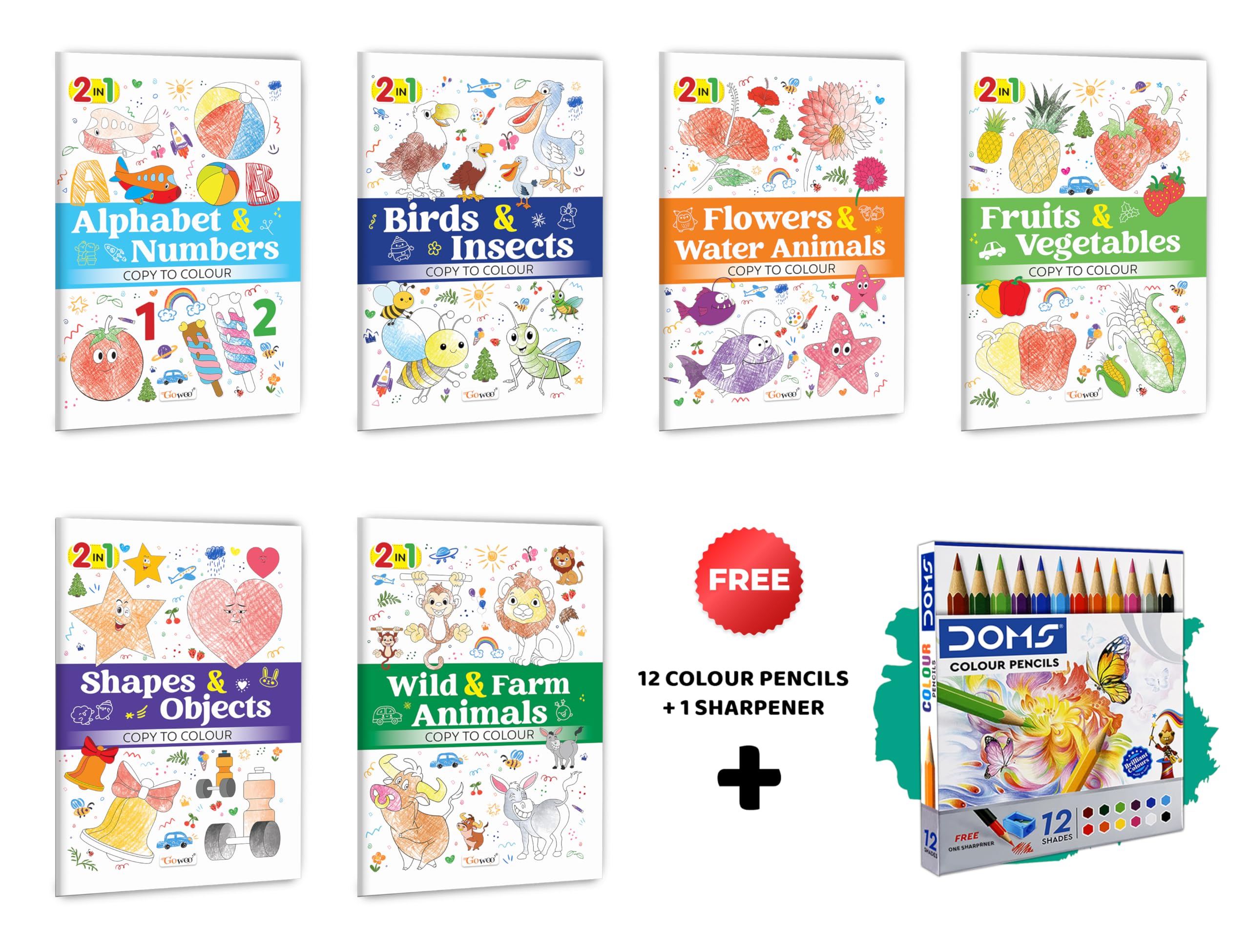 2 in 1 Copy to Colour  Alphabet & Numbers, Birds & Insects and more with 12 Colour Pencils + 1 Sharpener : Multitheme kids ac