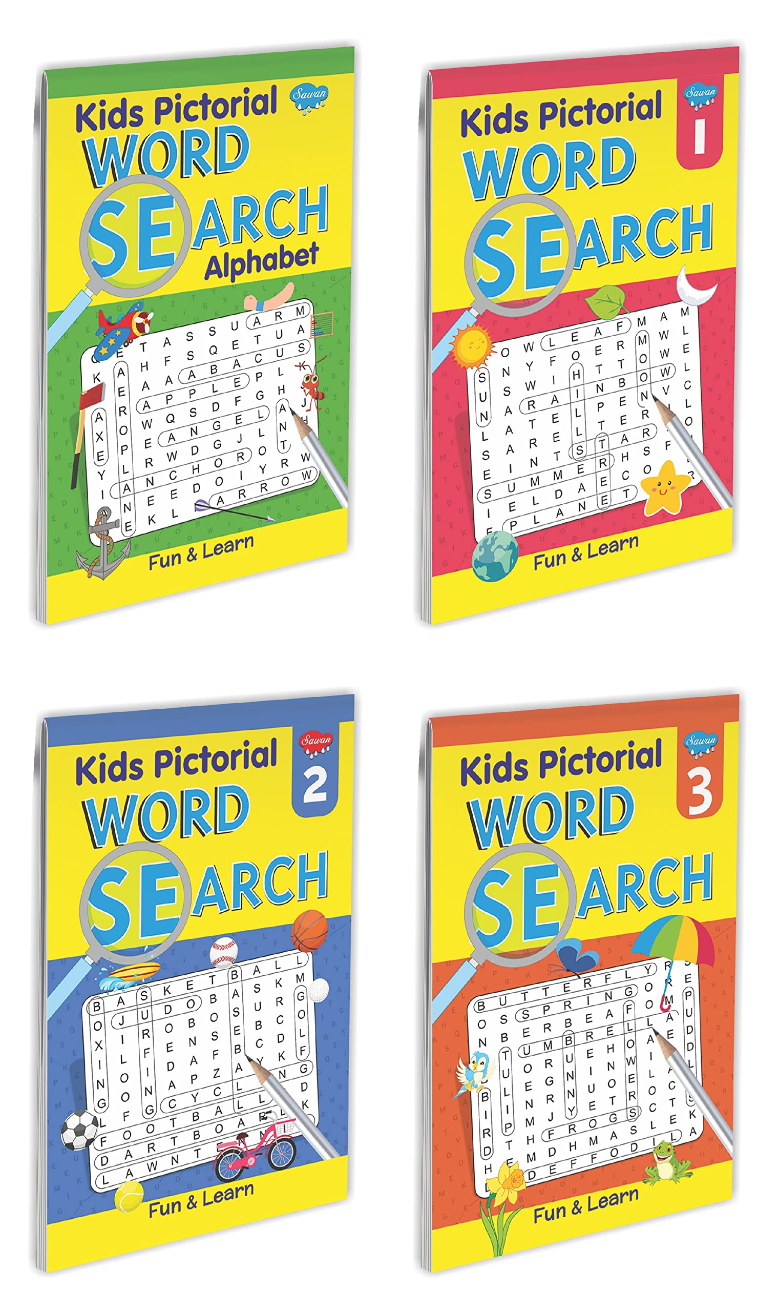 Set Of 4 Books, Kids Word Search 1 To 3 And Kids Word Search Alphabet