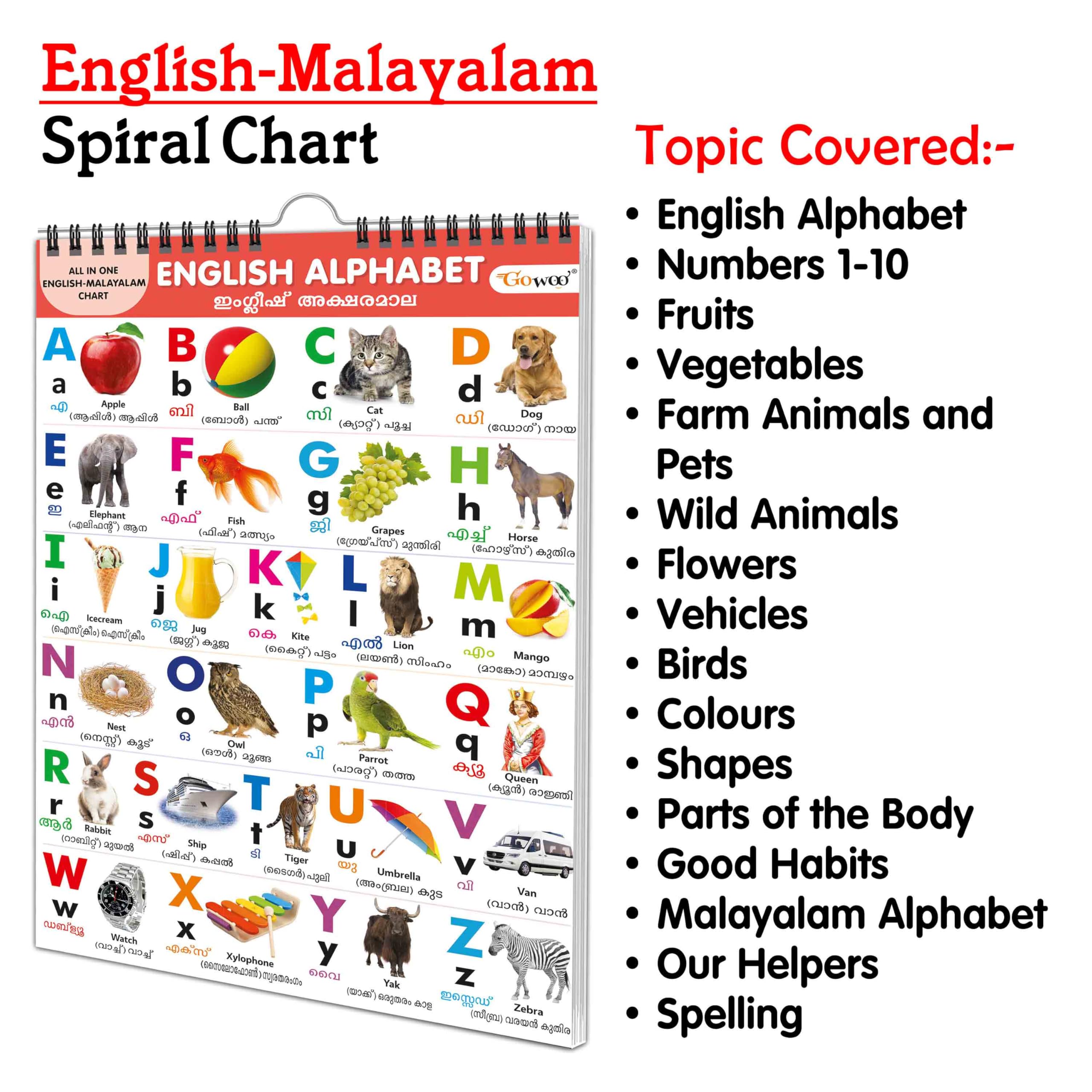 My First ALL IN ONE SPIRAL CHART ENGLISHMALYALAM : Chart Book Of All In One, Early childhood learning Chart With 16 Topics, bir