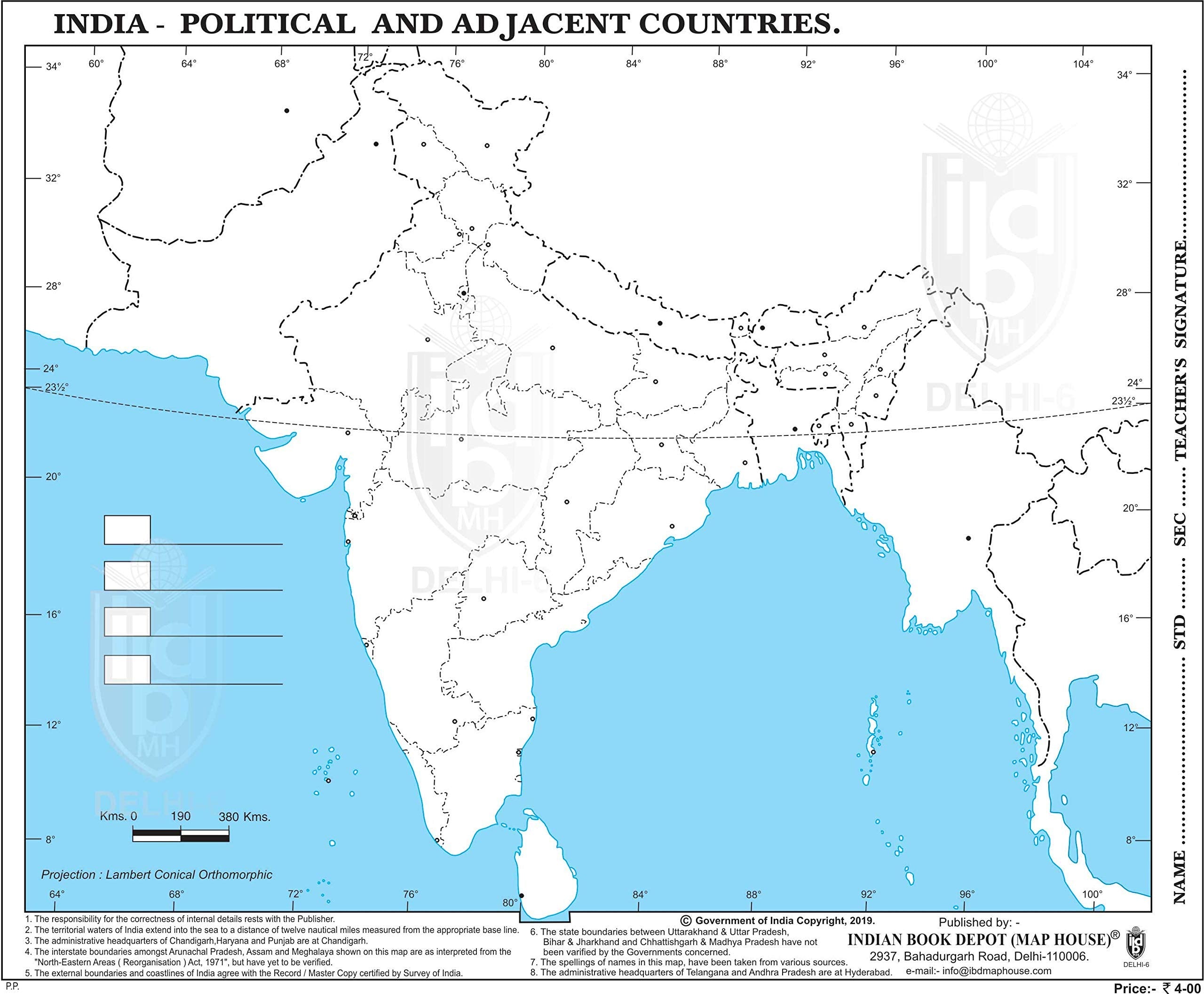 Big Outline Pracitce Map Of India Political (100 Maps) Indian Book Depot