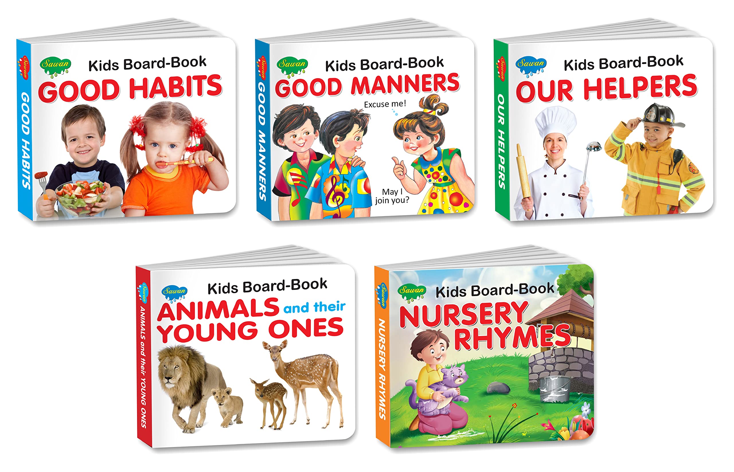 Sawan Kids Board Books Good Habites, Good Manners, Our Helpers, Animal And Theirr Young Ones And Nursery Rhymes | Pack Of 5 Boo