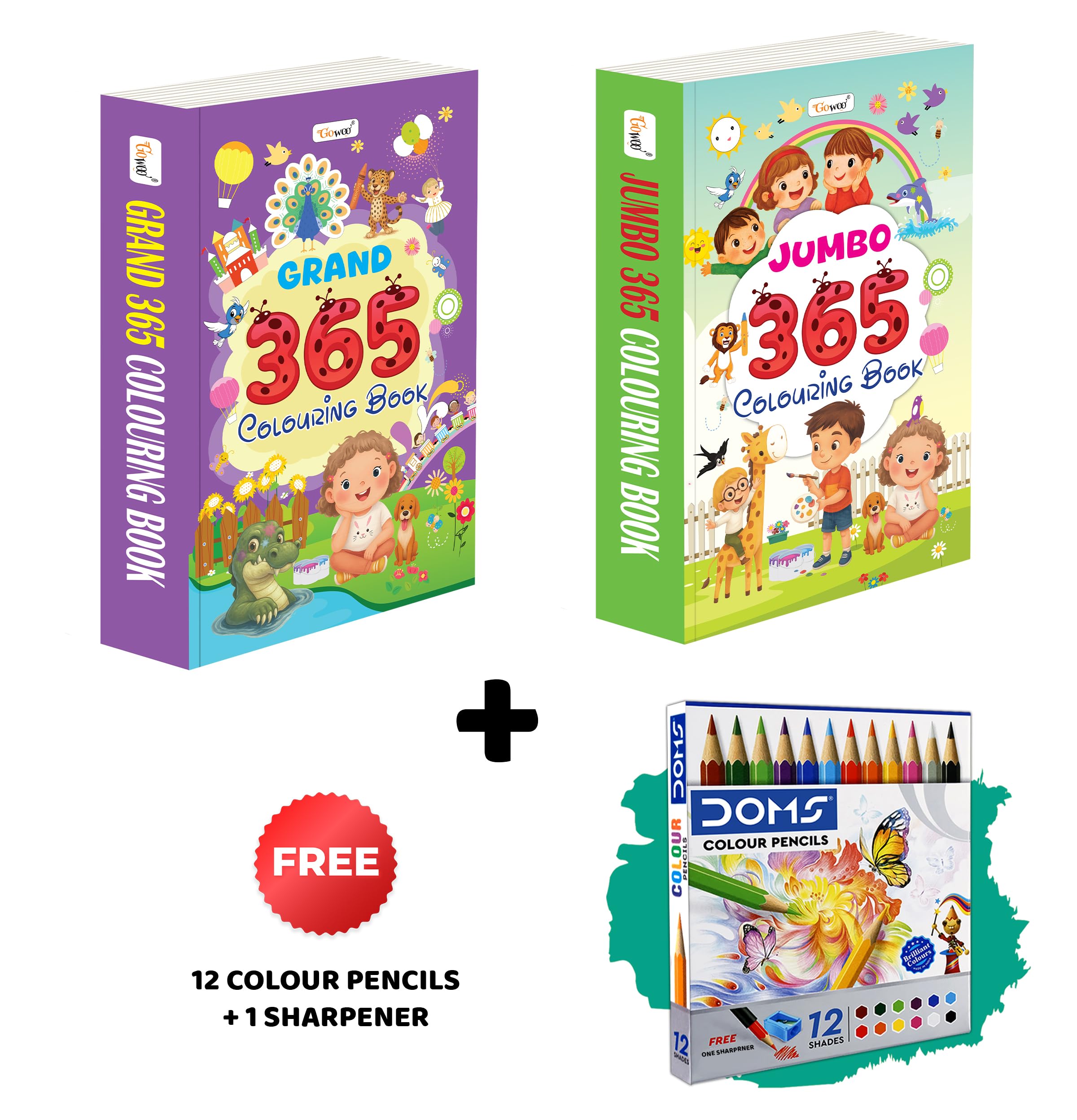 GRAND & JUMBO  365 Colouring Books and 12 Colour Pencils + 1 Sharpener : art skills booster combo, daily colouring book for ki