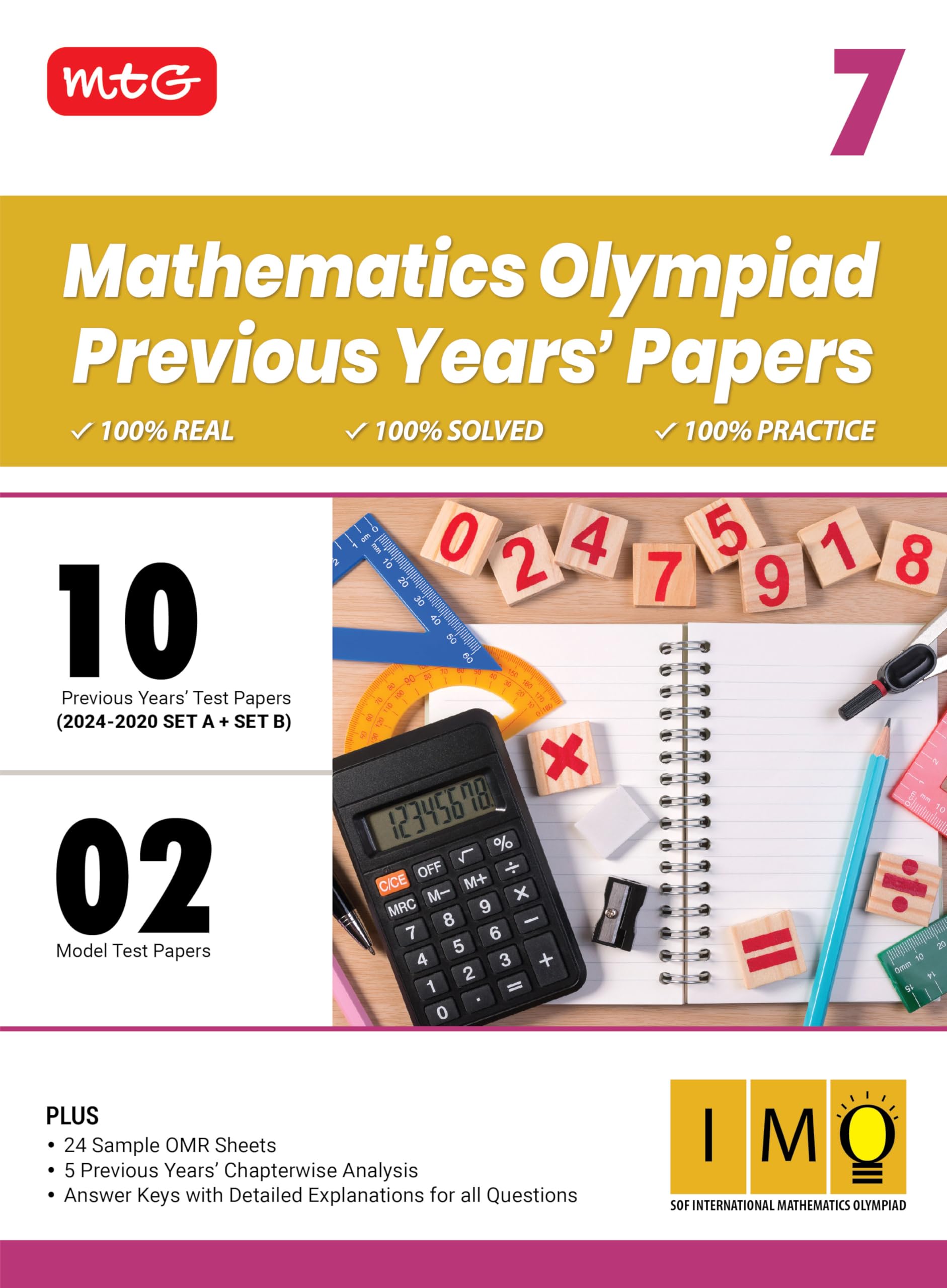 MTG Class7 IMO Olympiad 10 Previous Years Papers Mathematics (20242020 Set A & B)  Model Test Papers with 24 Sample OMR Sheet