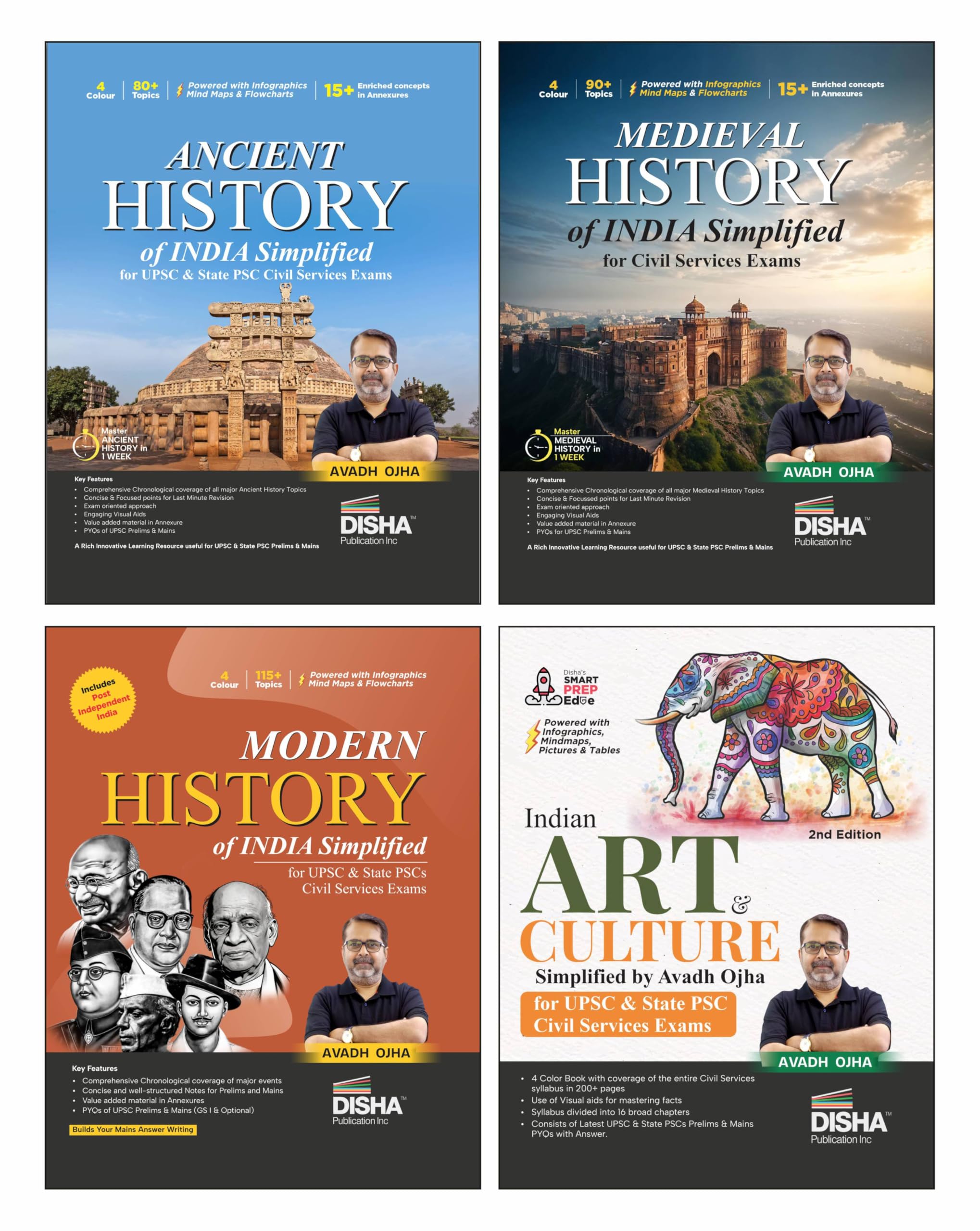 Disha Combo (Set Of 4 Books) Ancient, Medieval, Modern History Of India, Art & Culture Simplified By Avadh Ojha For Upsc & State