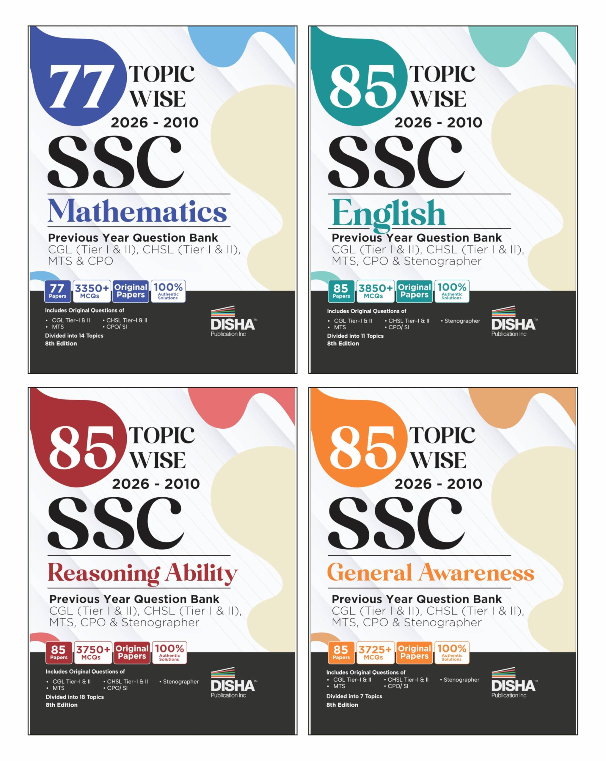 Disha Combo (4 Books) 85 TopicWise 2025  2010 Ssc Mathematics, English, Reasoning & General Awareness Previous Year Question B